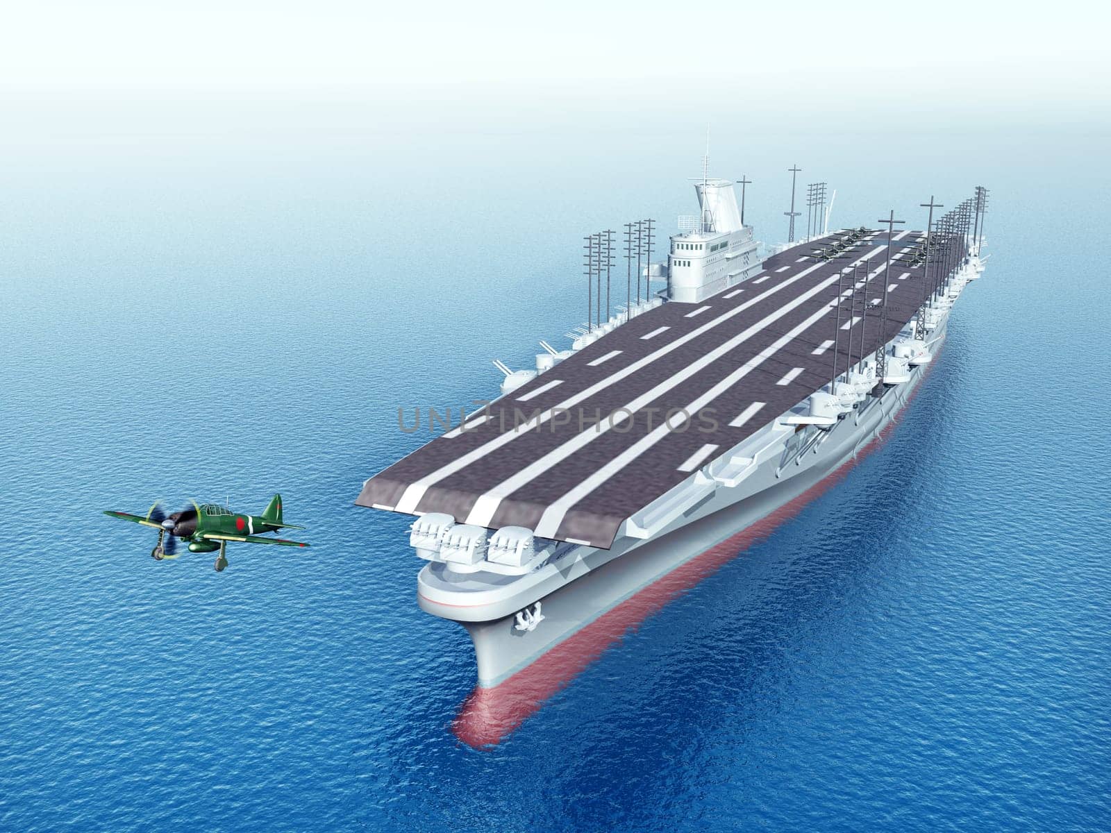 Computer-generated 3D illustration with a Japanese aircraft carrier from World War II