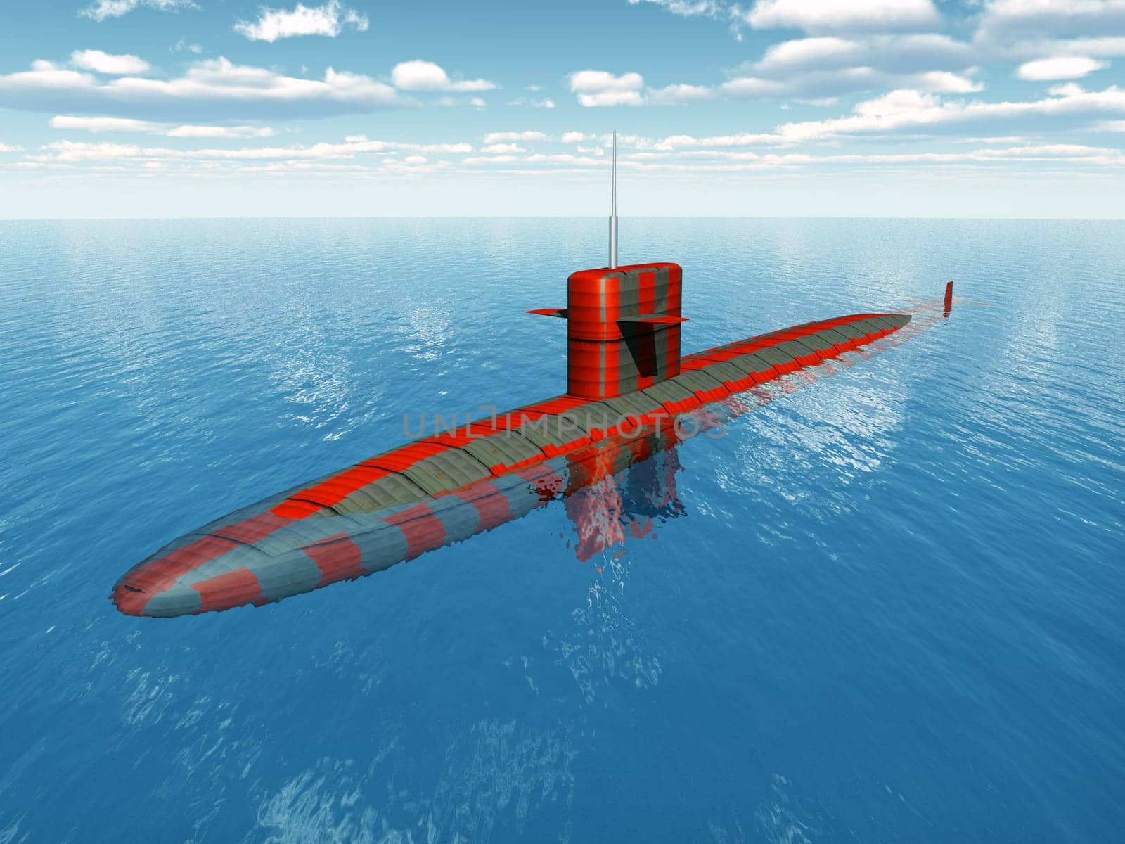 Computer-generated 3D illustration with an American nuclear submarine from the Cold War