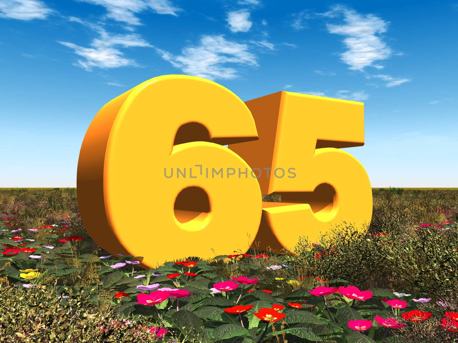 Computer-generated 3D illustration with the number 65 in a landscape