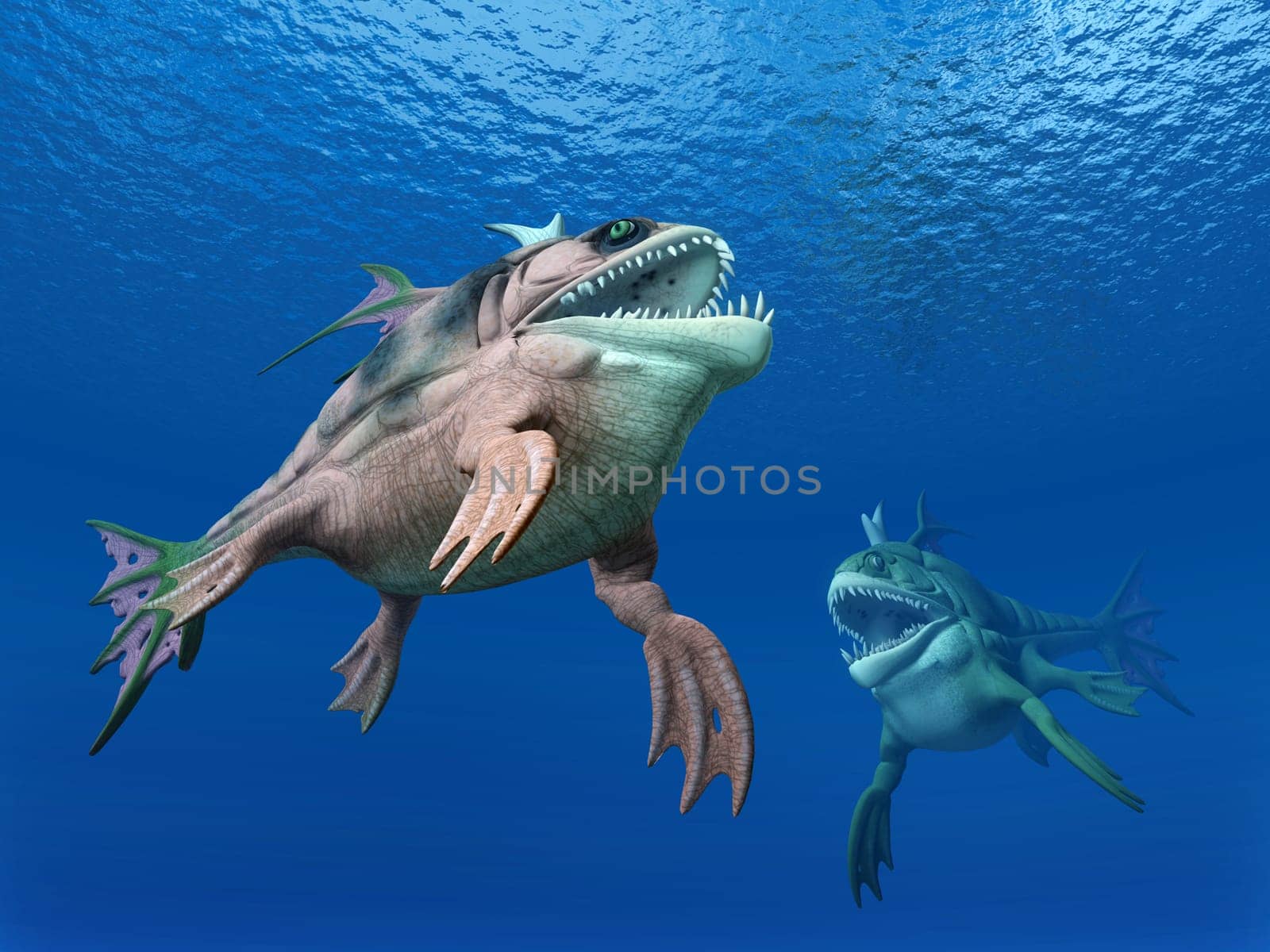 Computer-generated 3D illustration with two sea monsters