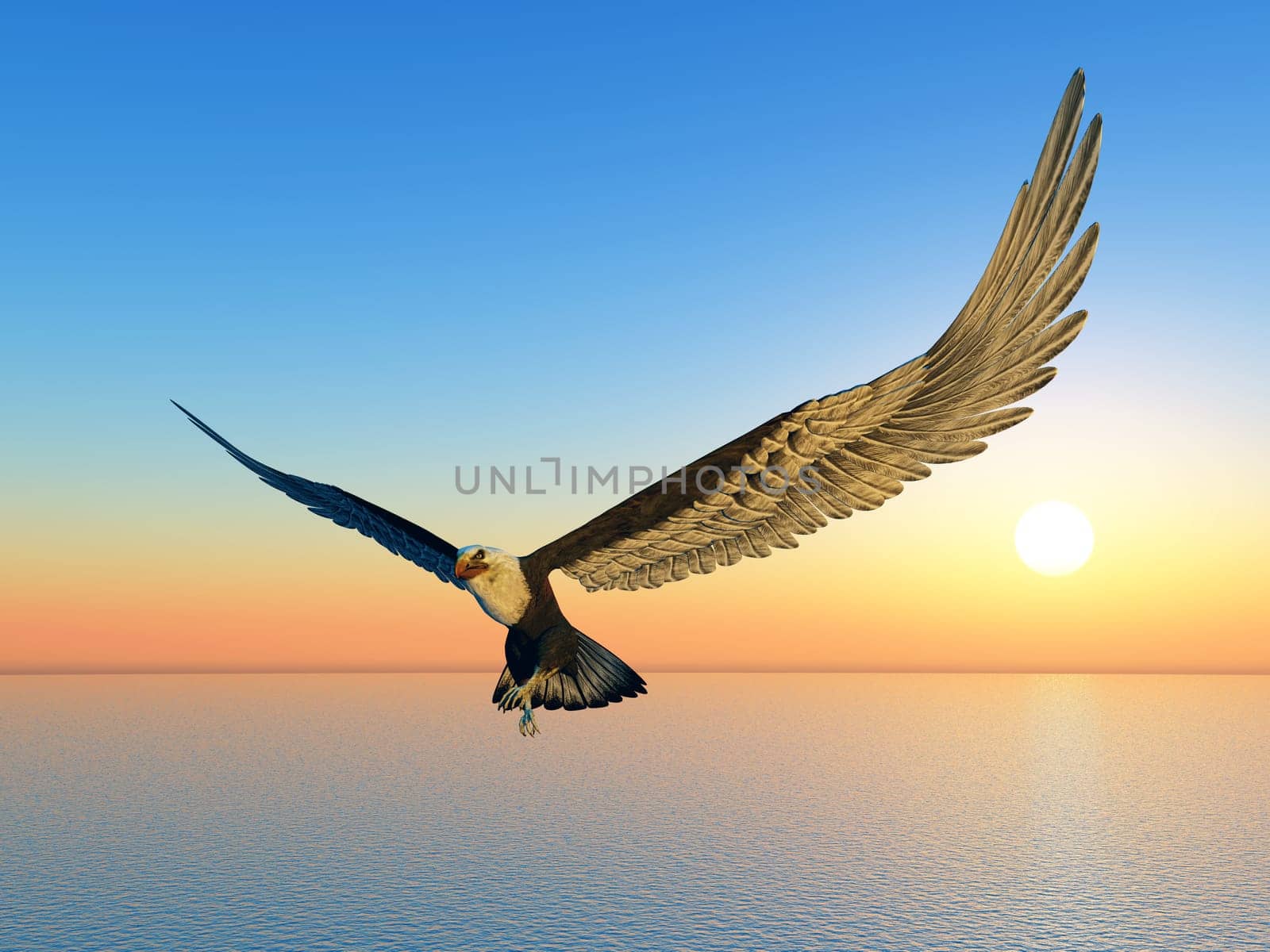 Computer-generated 3D illustration with a white-tailed eagle at a sunset