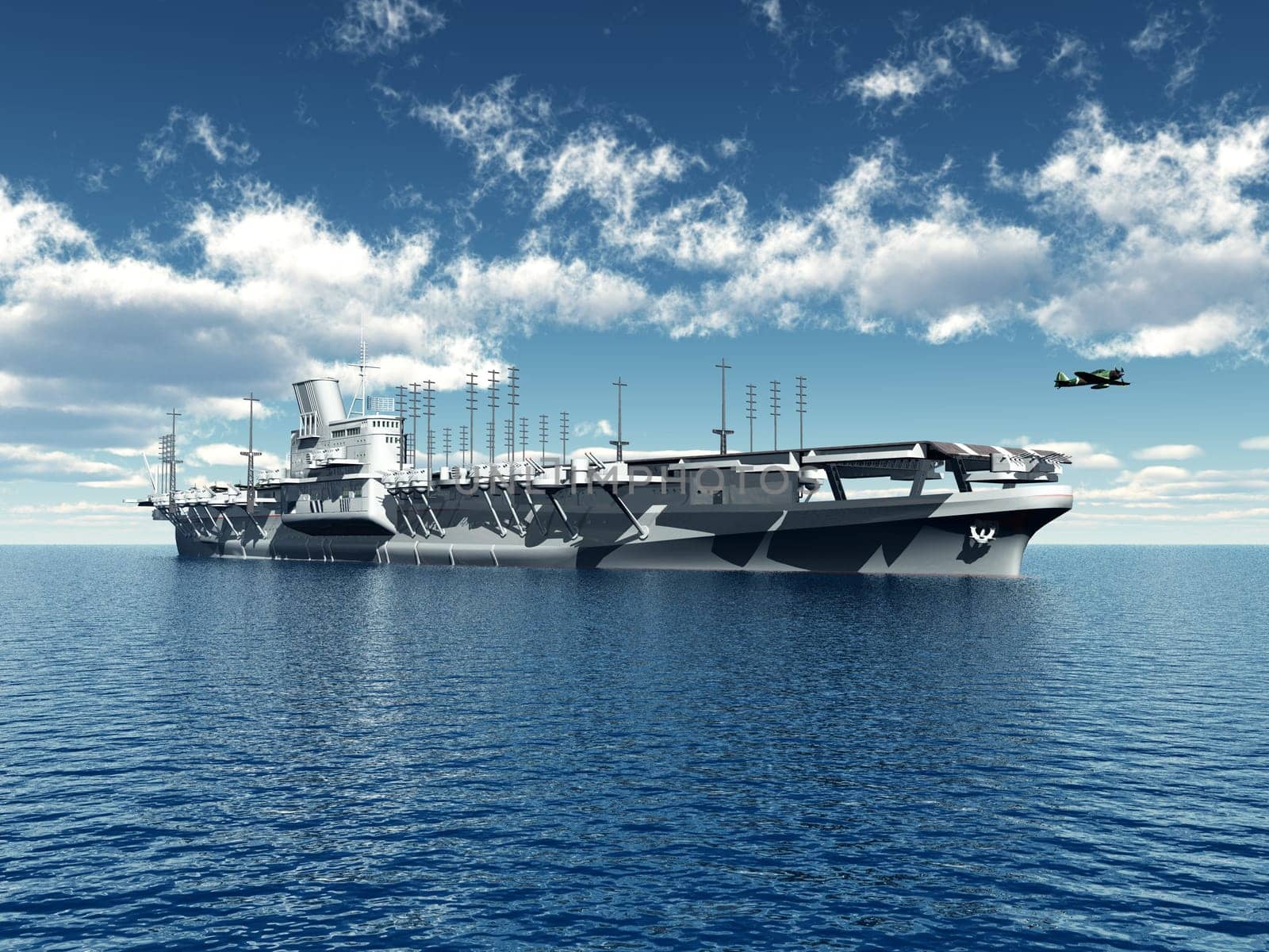 Computer-generated 3D illustration with a Japanese aircraft carrier from World War II