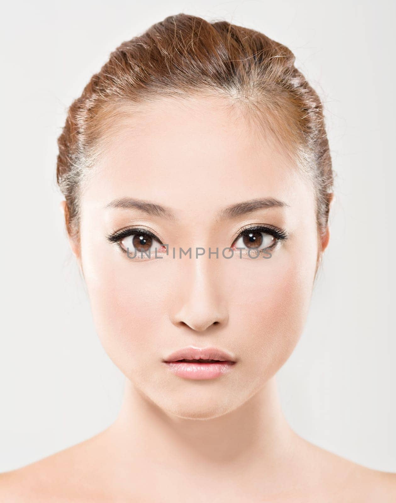 Asian beauty face closeup portrait with clean and fresh elegant lady. Studio shot.