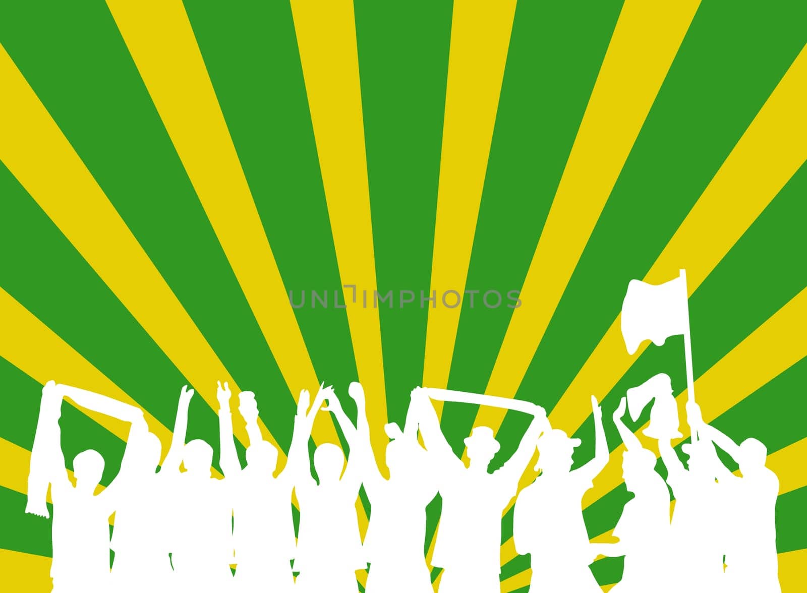 Yellow-green background with silhouette of cheering fans