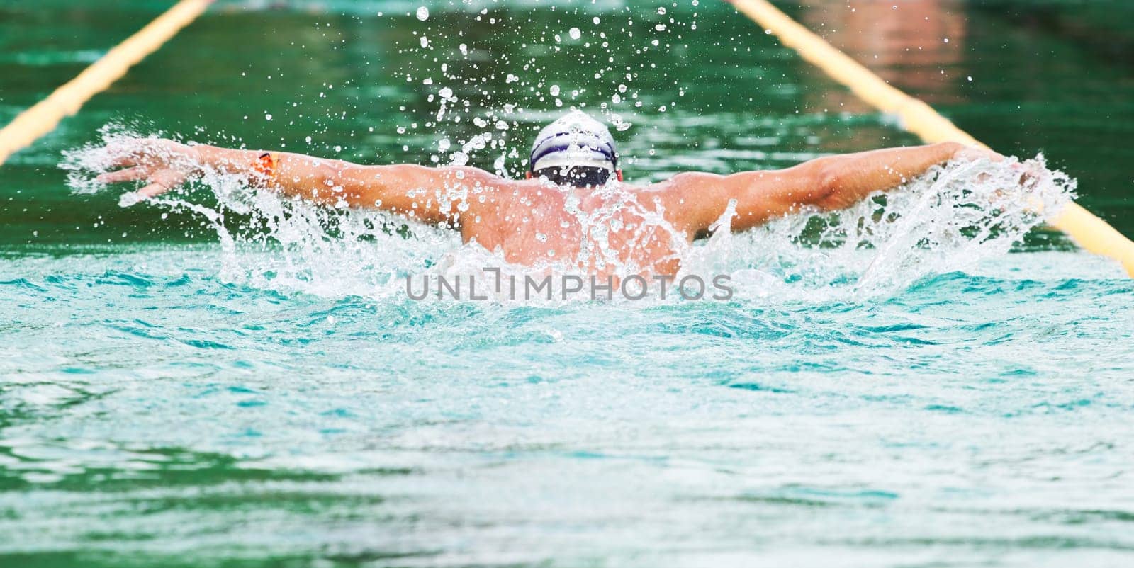 Swimmer performing the butterfly stroke  in olimpic basin