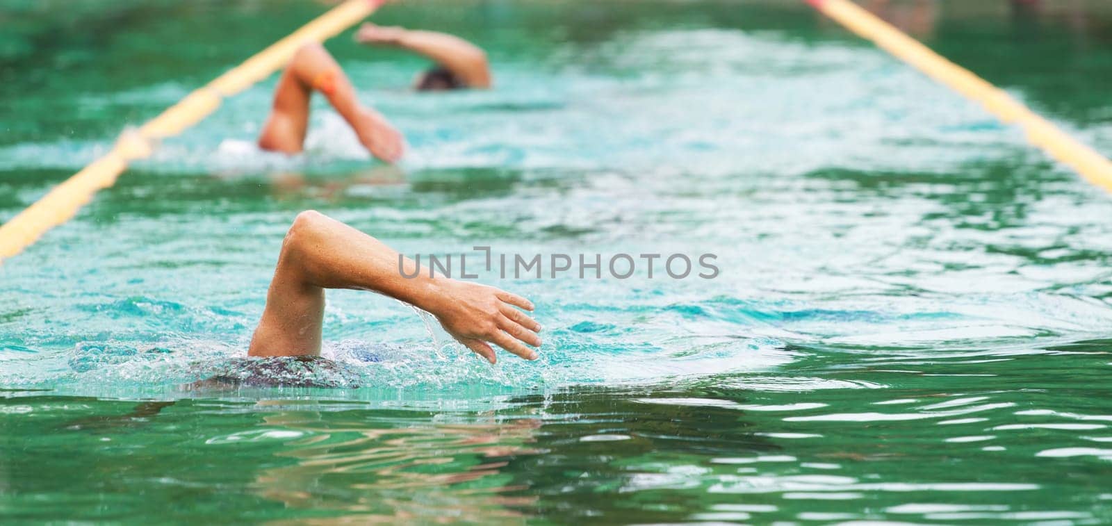 Young man swimming the front crawl in a pool