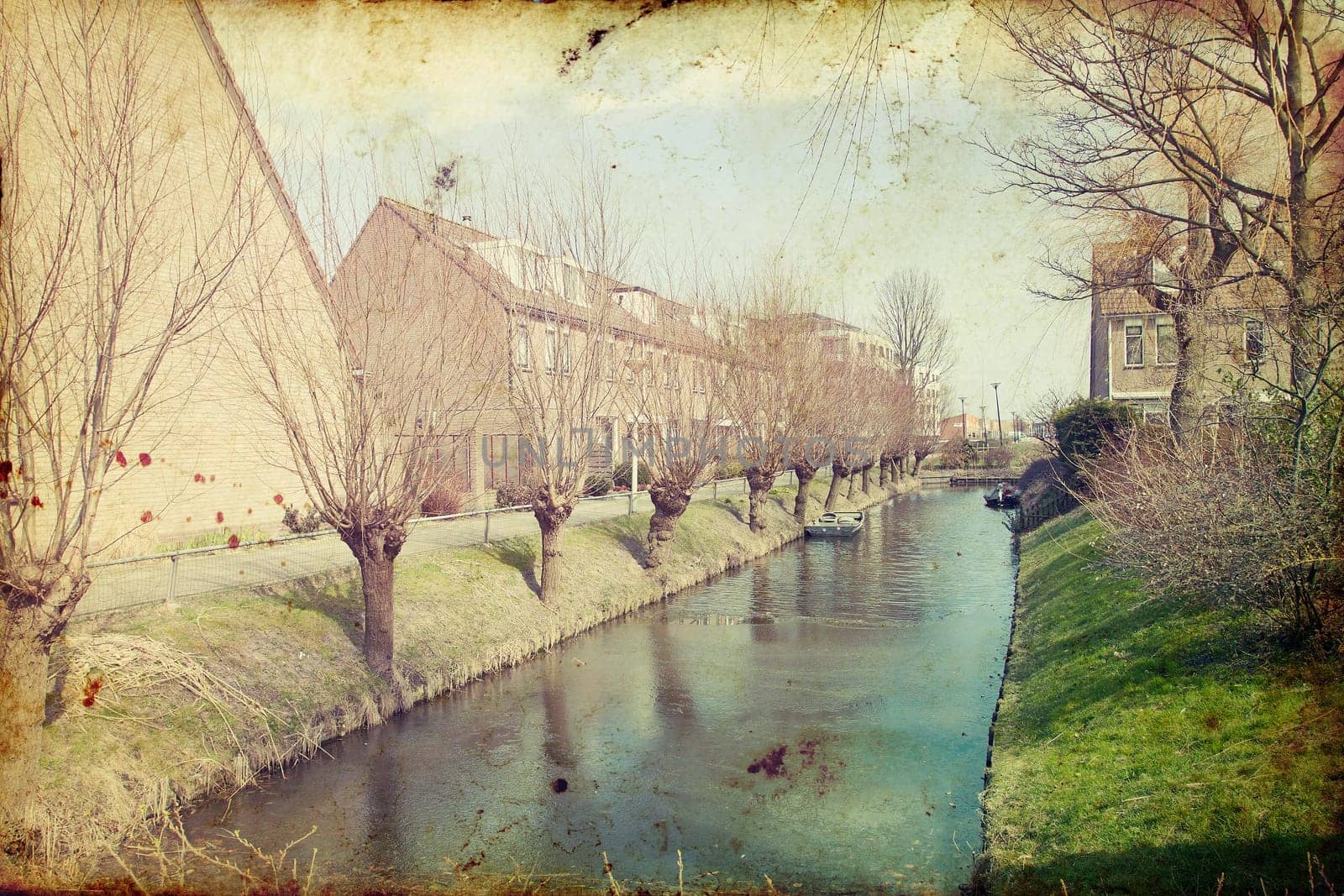 Duch Rural landscape - Old photo of canal in a small Netherland village