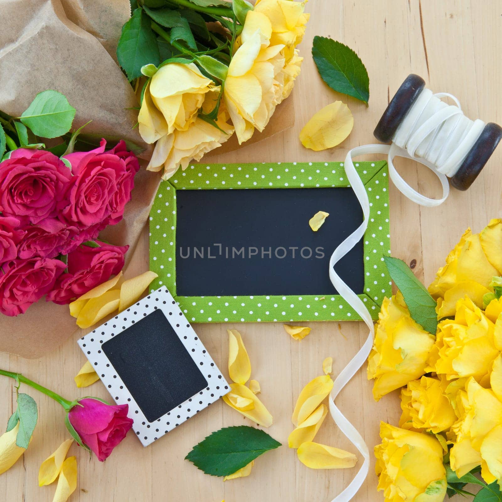 Colorful roses and small panels with text space