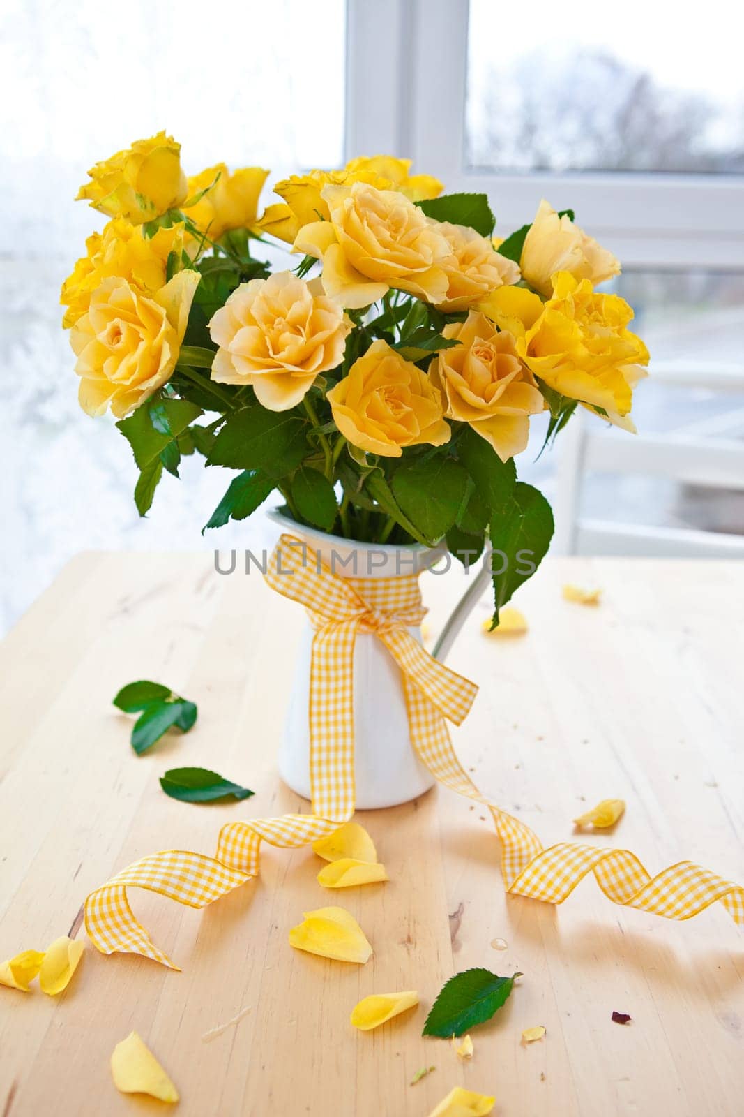 Fresh yellow roses in a white pot