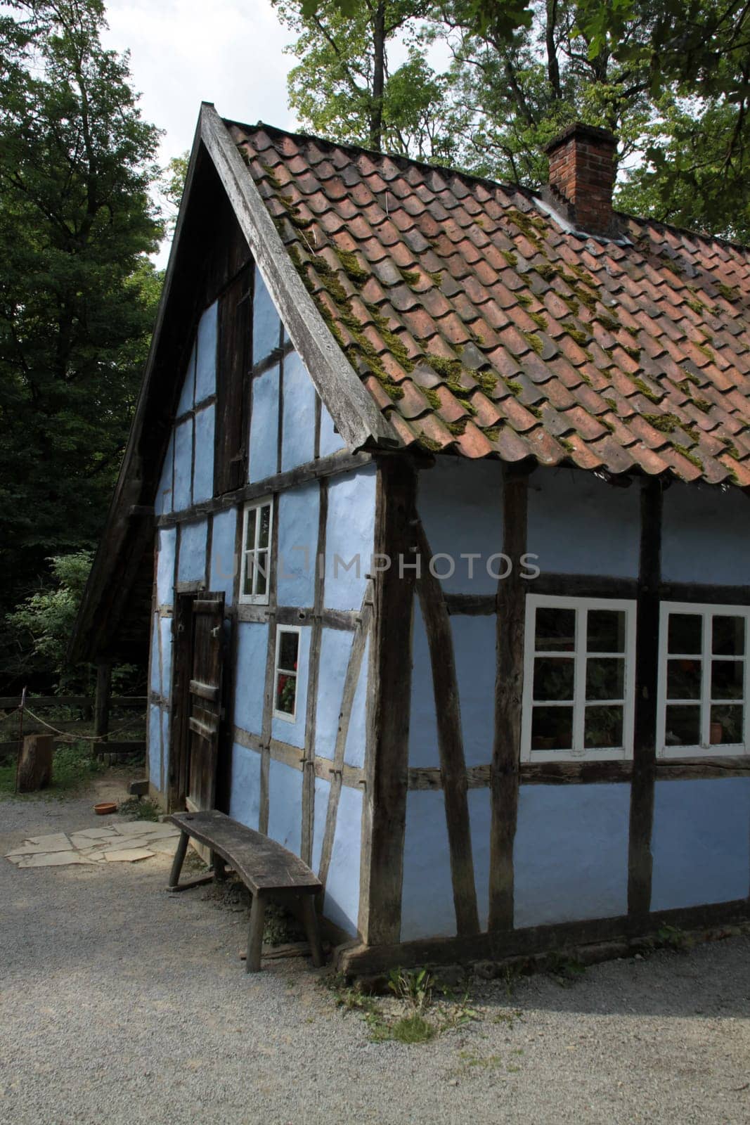 Blue half-timbered house