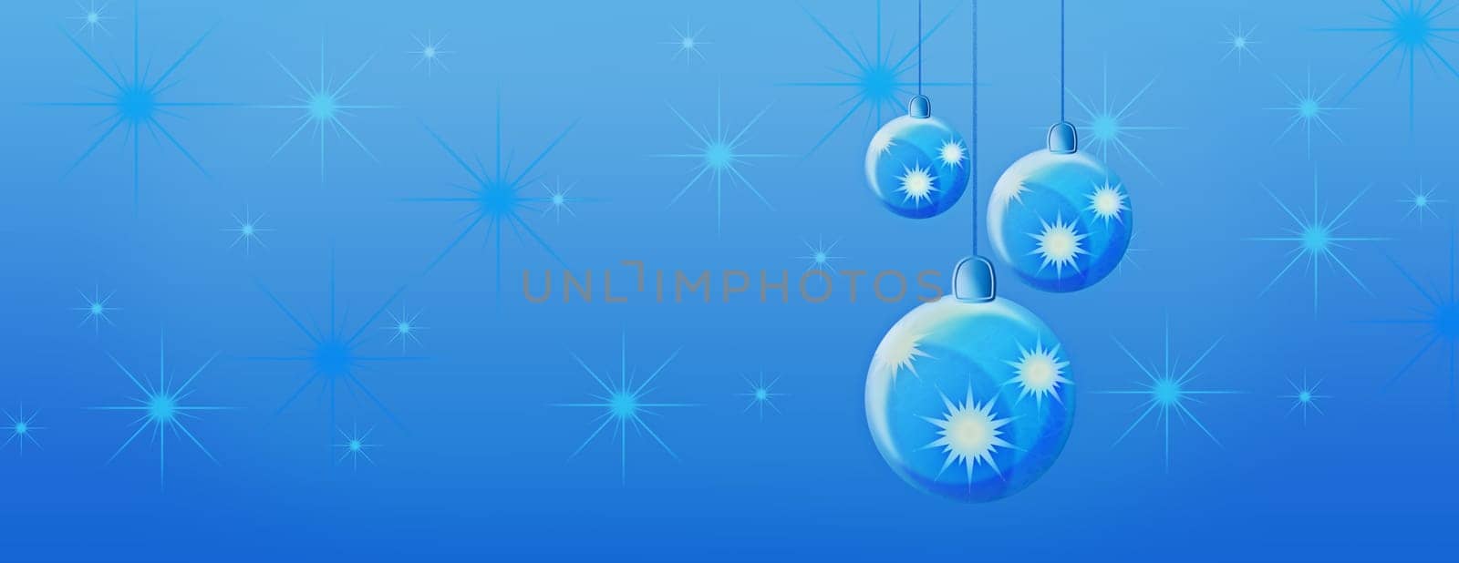 Blue christmas new year celebration panorama banner with three starry sky balls and baubles