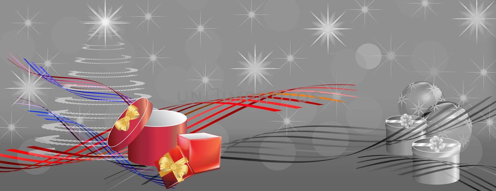 Gray christmas banner with color ribbons and gift boxes stars and tree