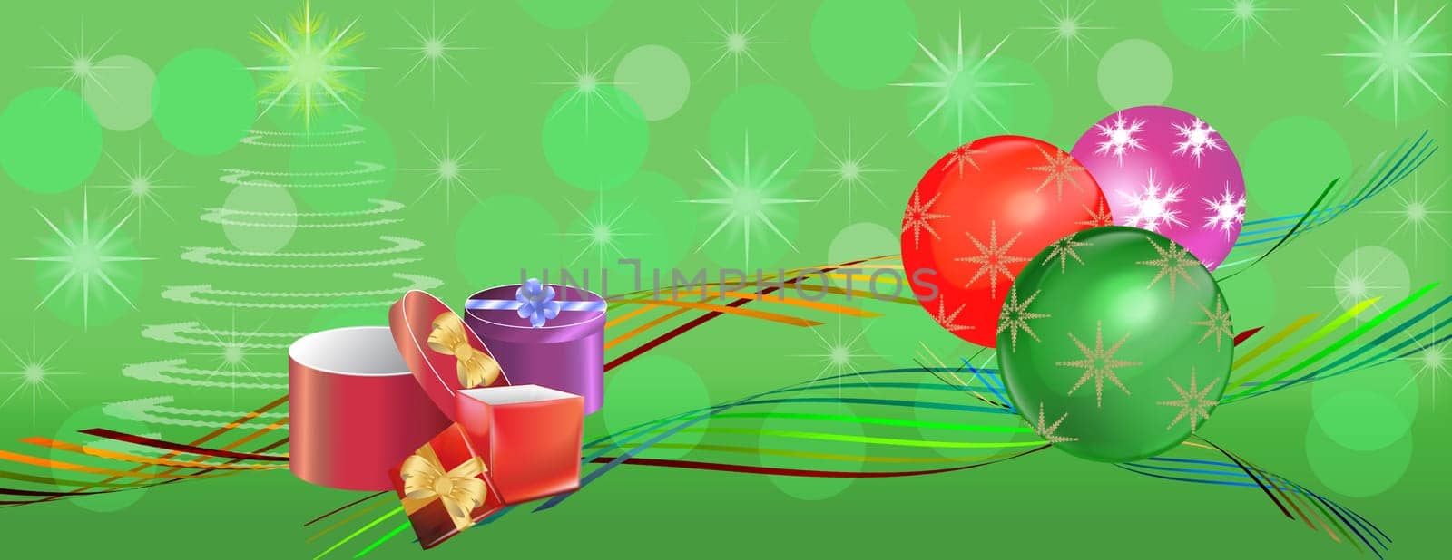 Colorful Christmas banner panorama with geen background ribbons, gift boxes and bright bauble balls