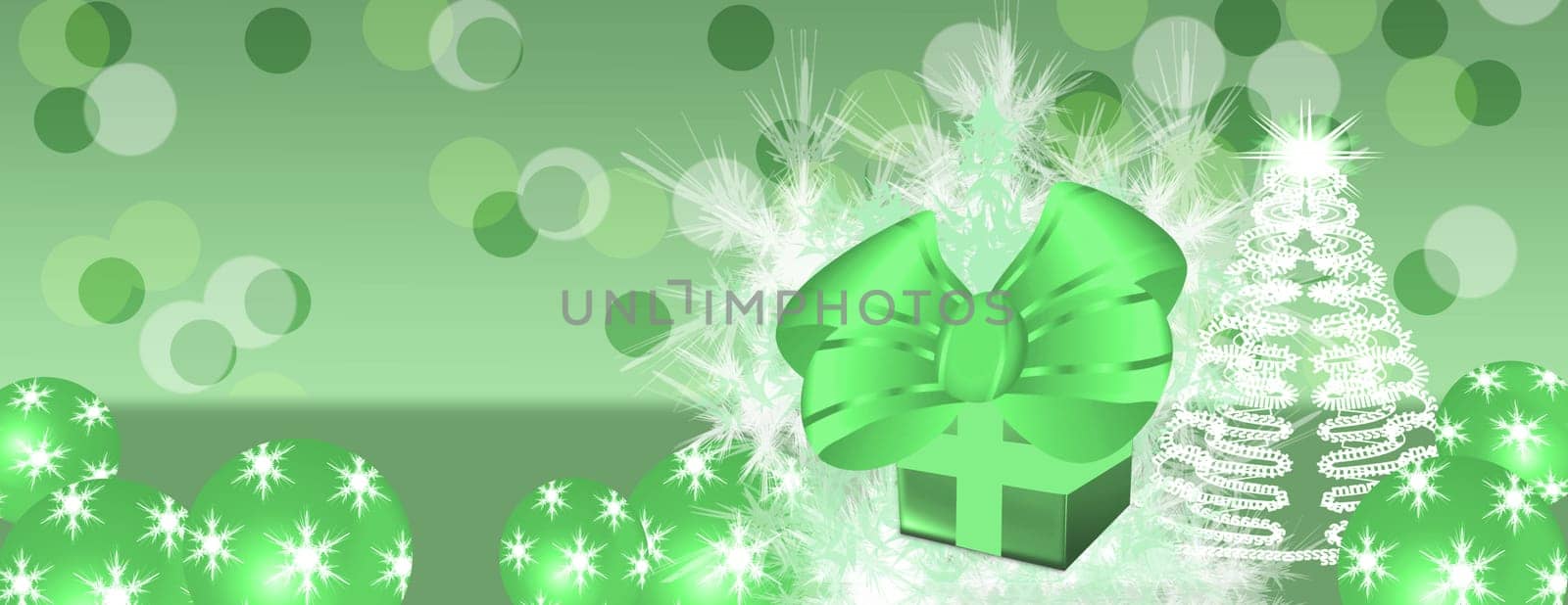 panorama christmas  celebration background with green present and tree and baubles