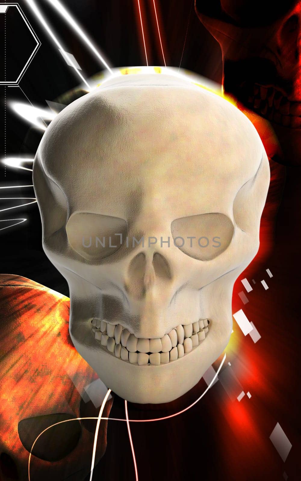 Digital illustration of Human skull in colour background