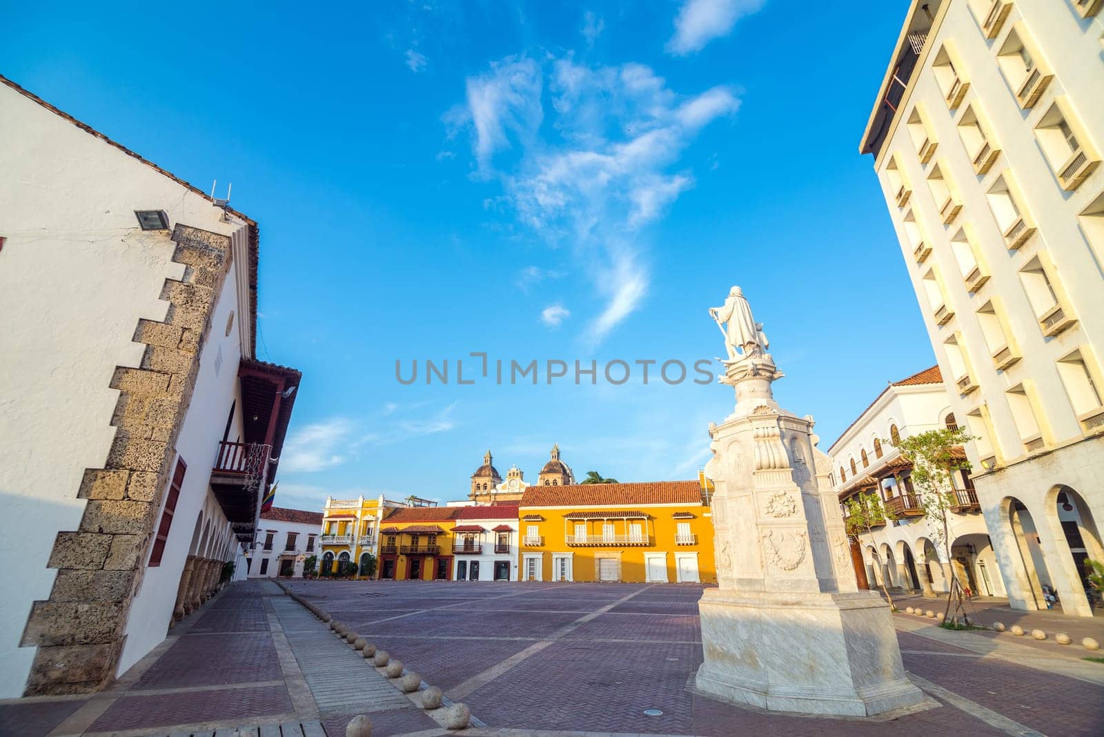 The historic Plaza de la Aduana in the colonial center of Cartagena, Colombia