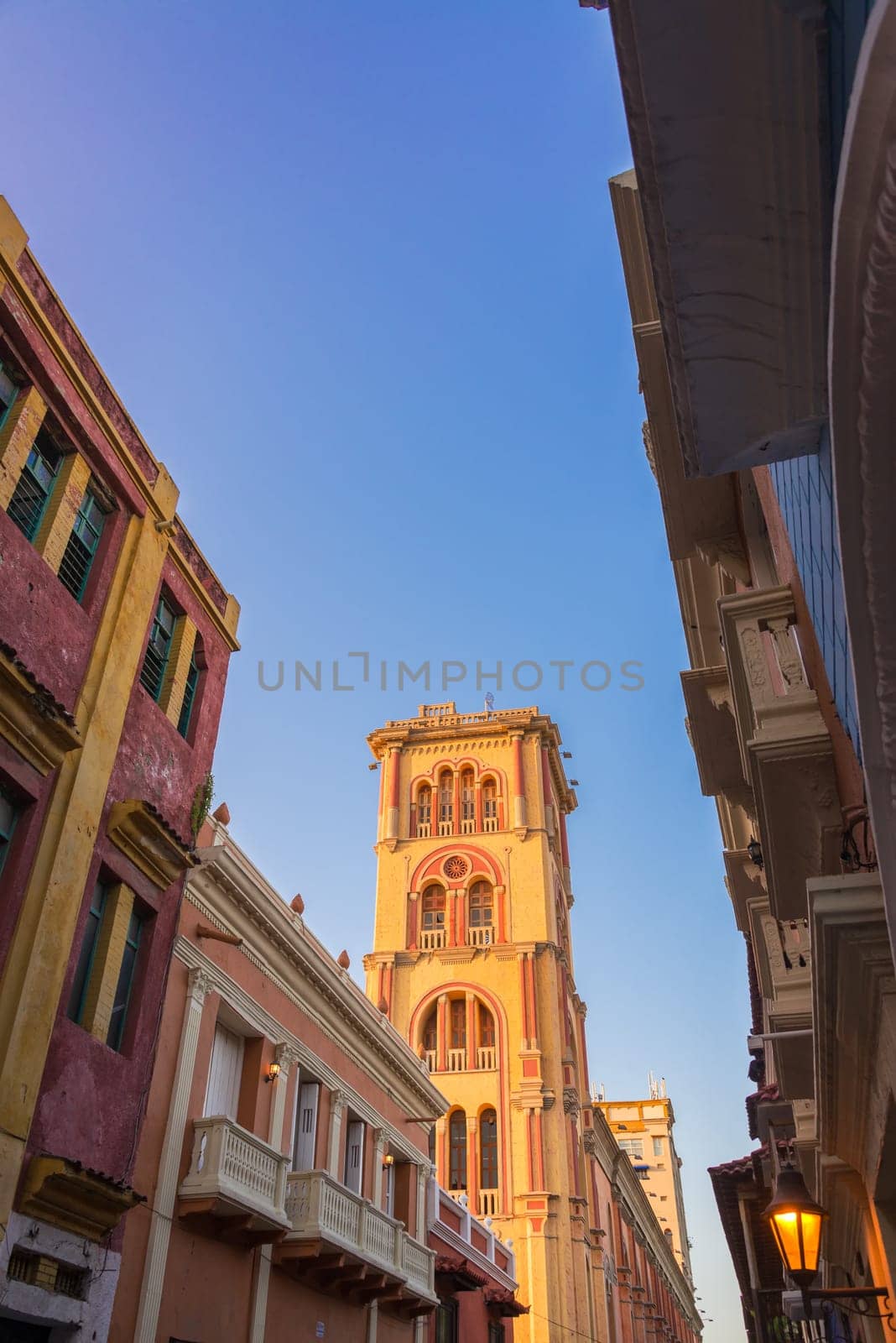 Cartagena Public University tower bathed in golden late afternoon light in Cartagena, Colomba