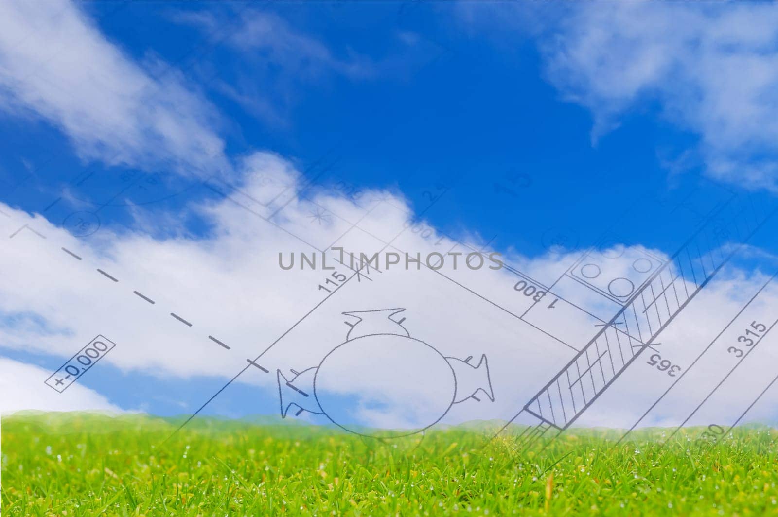 The floor plan of a house blueprint. Blue sky with clouds and green land.