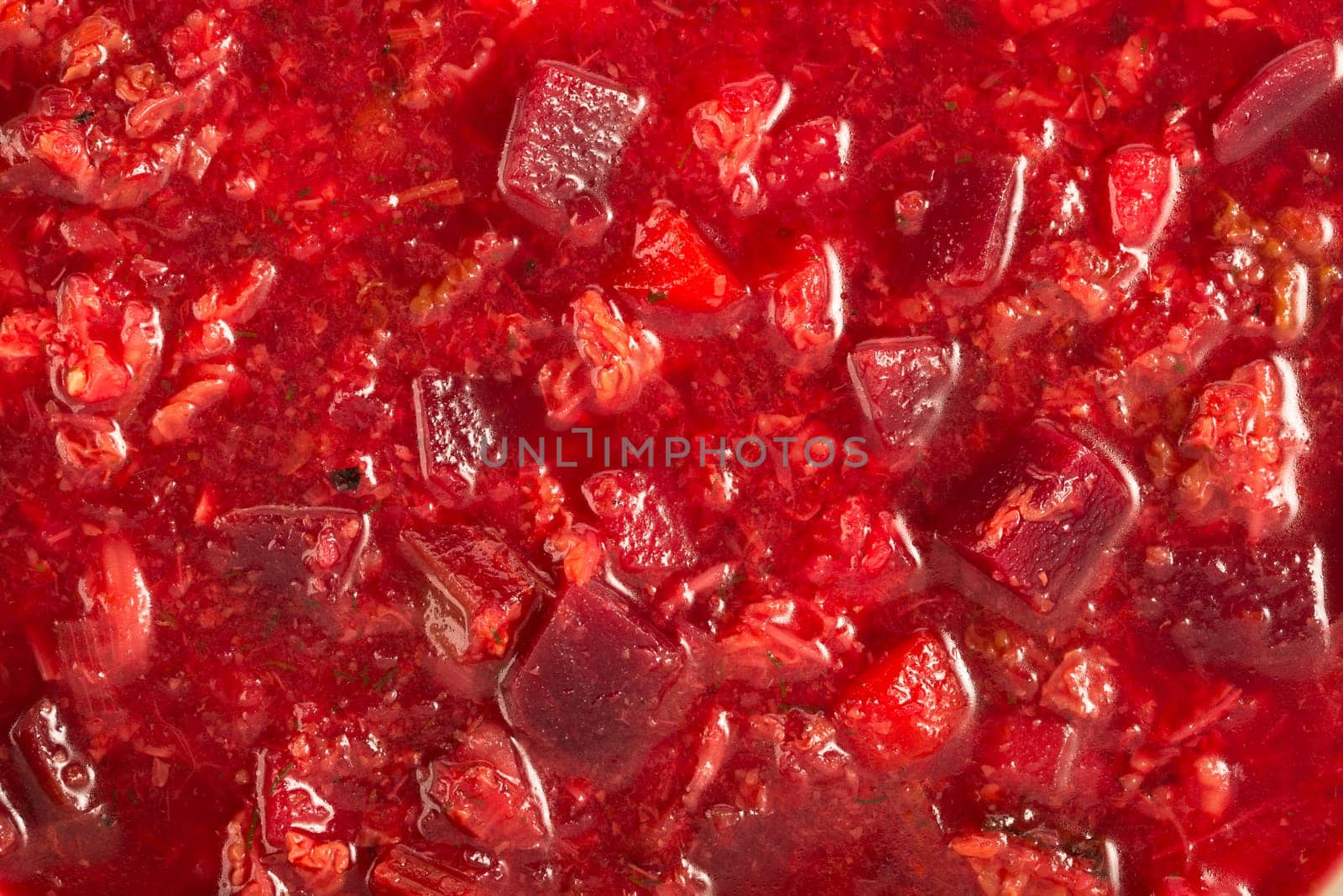Food background, borscht soup close up
