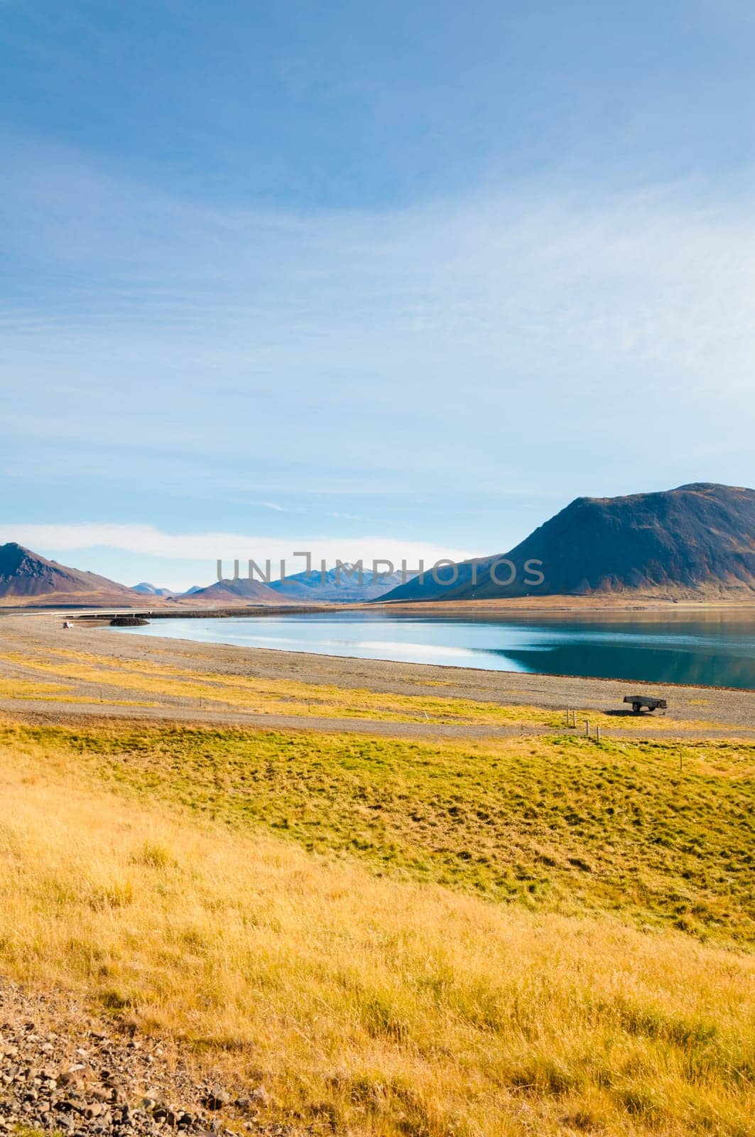 Icelandic landscape with volcanic rocks and green grass