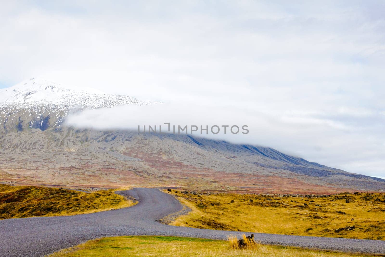 Icelandic landscape with volcanic rocks and green grass
