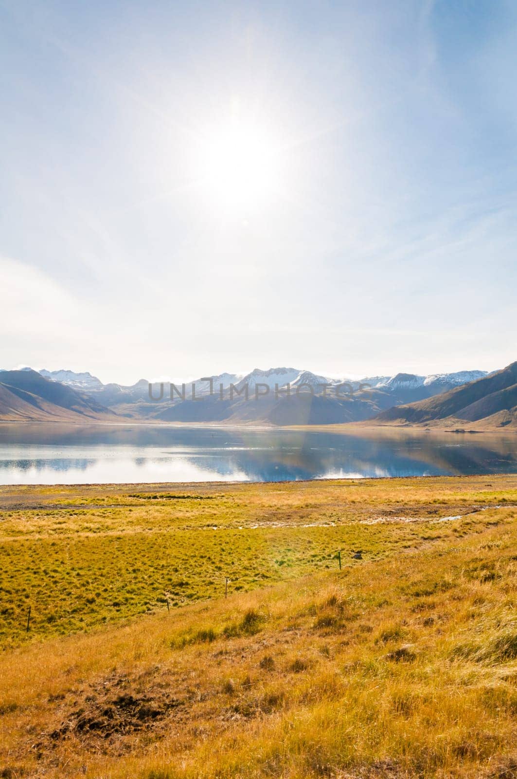 Icelandic landscape with volcanic rocks and green grass