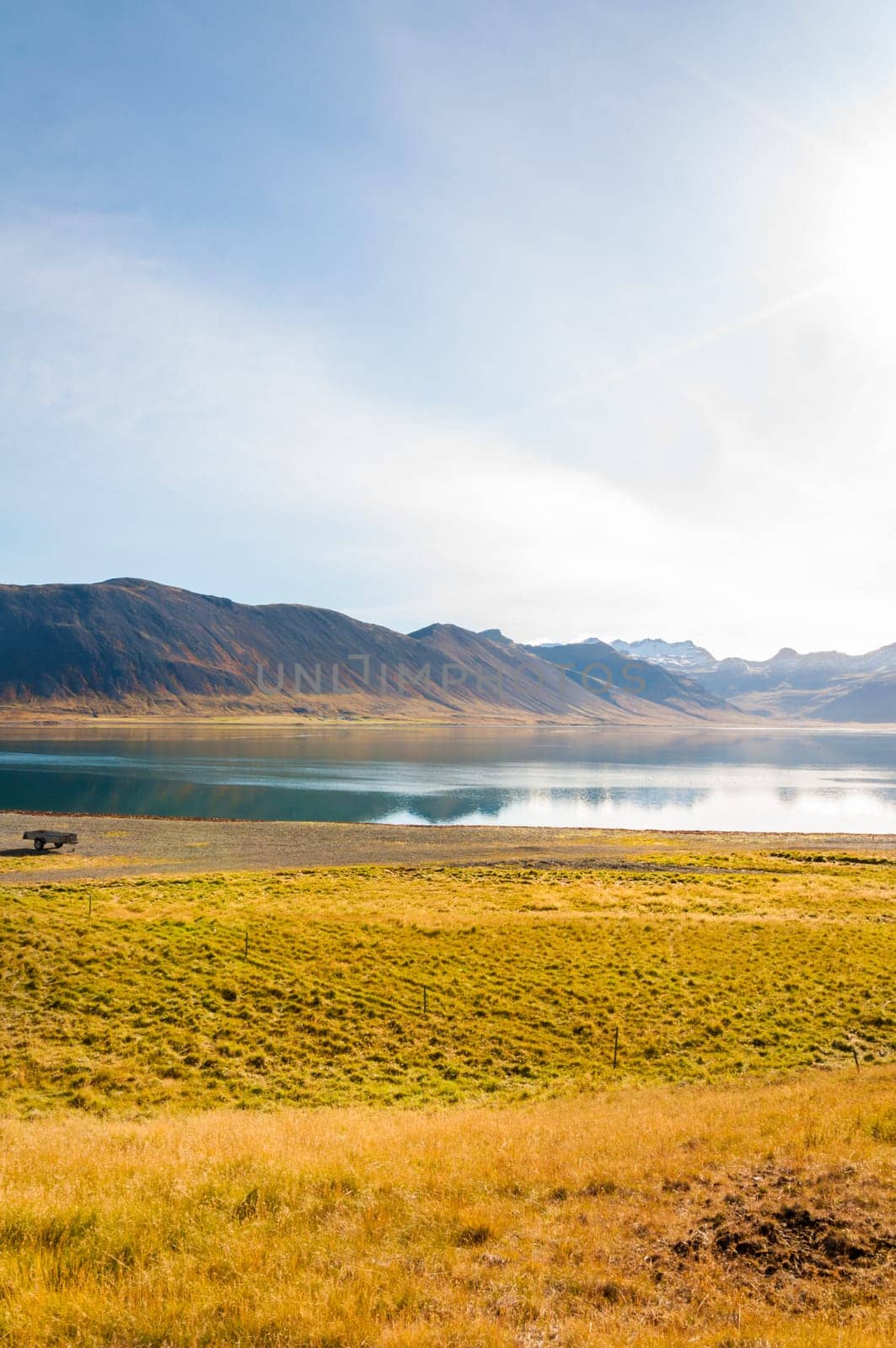 Icelandic landscape with volcanic rocks and green grass