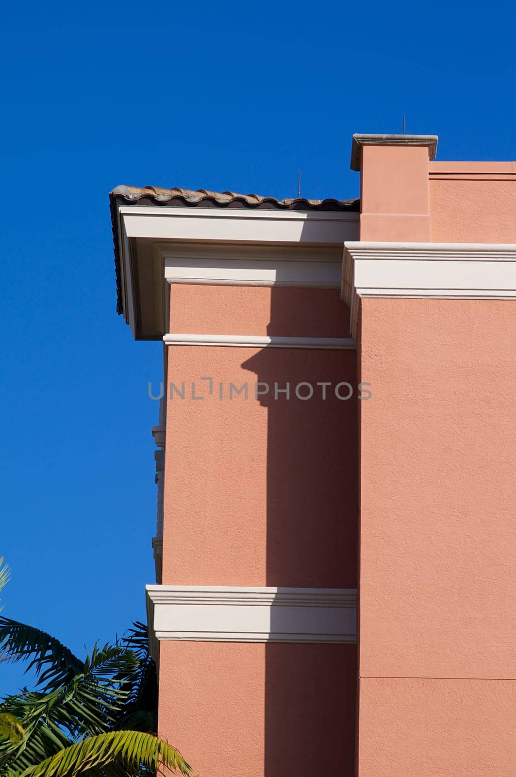 Side view of tall building in florida with stucco walls, white trim and palm trees