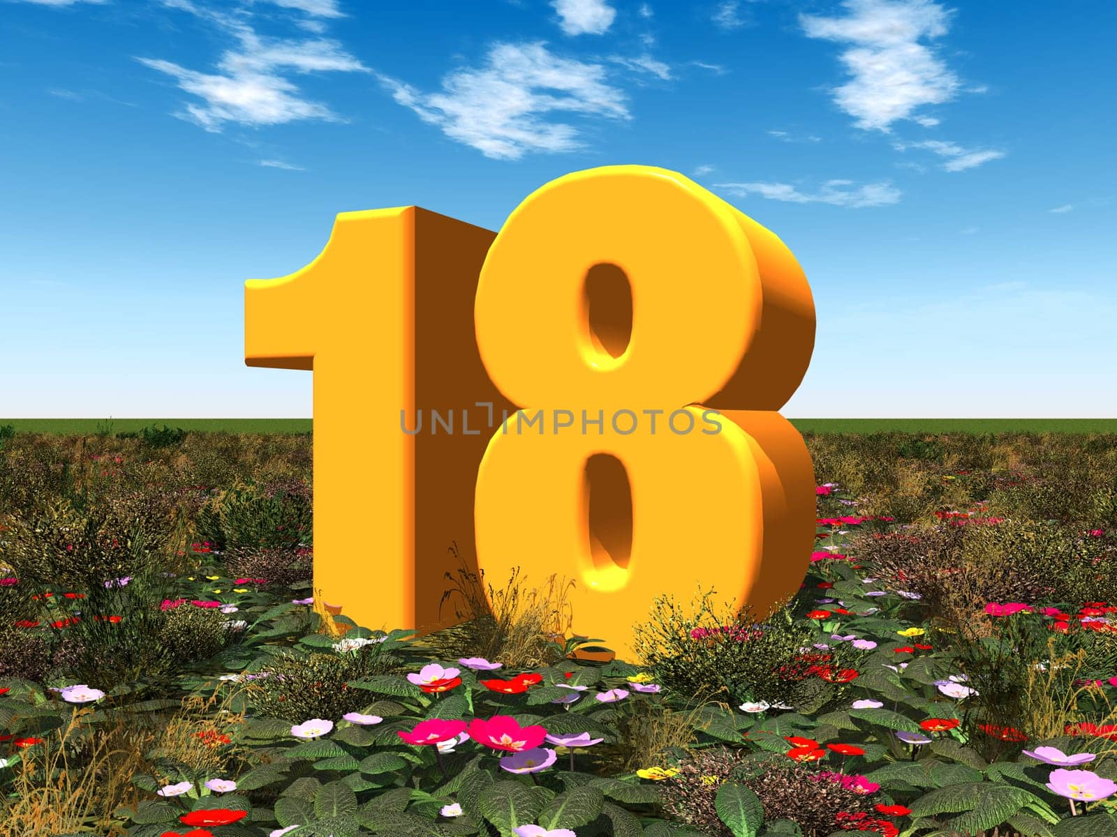 Computer-generated 3D illustration with the number 18 in a landscape