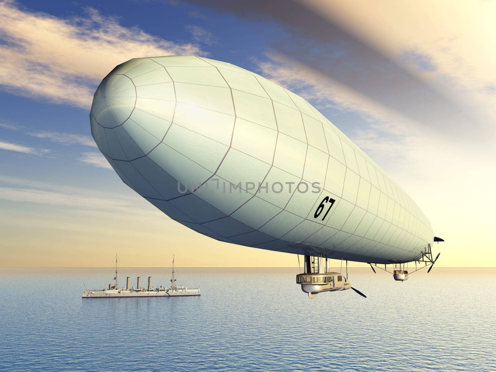 Computer-generated 3D illustration with a German airship and a German small cruiser from the First World War