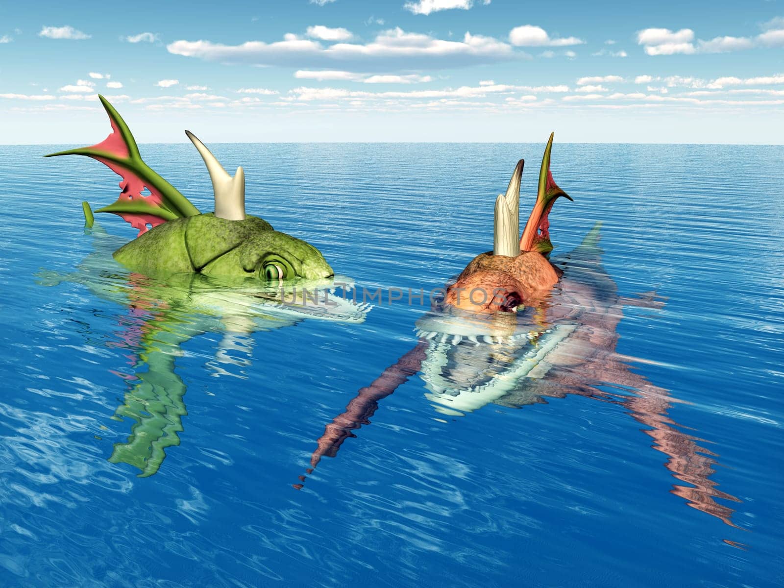 Computer-generated 3D illustration with two sea monsters