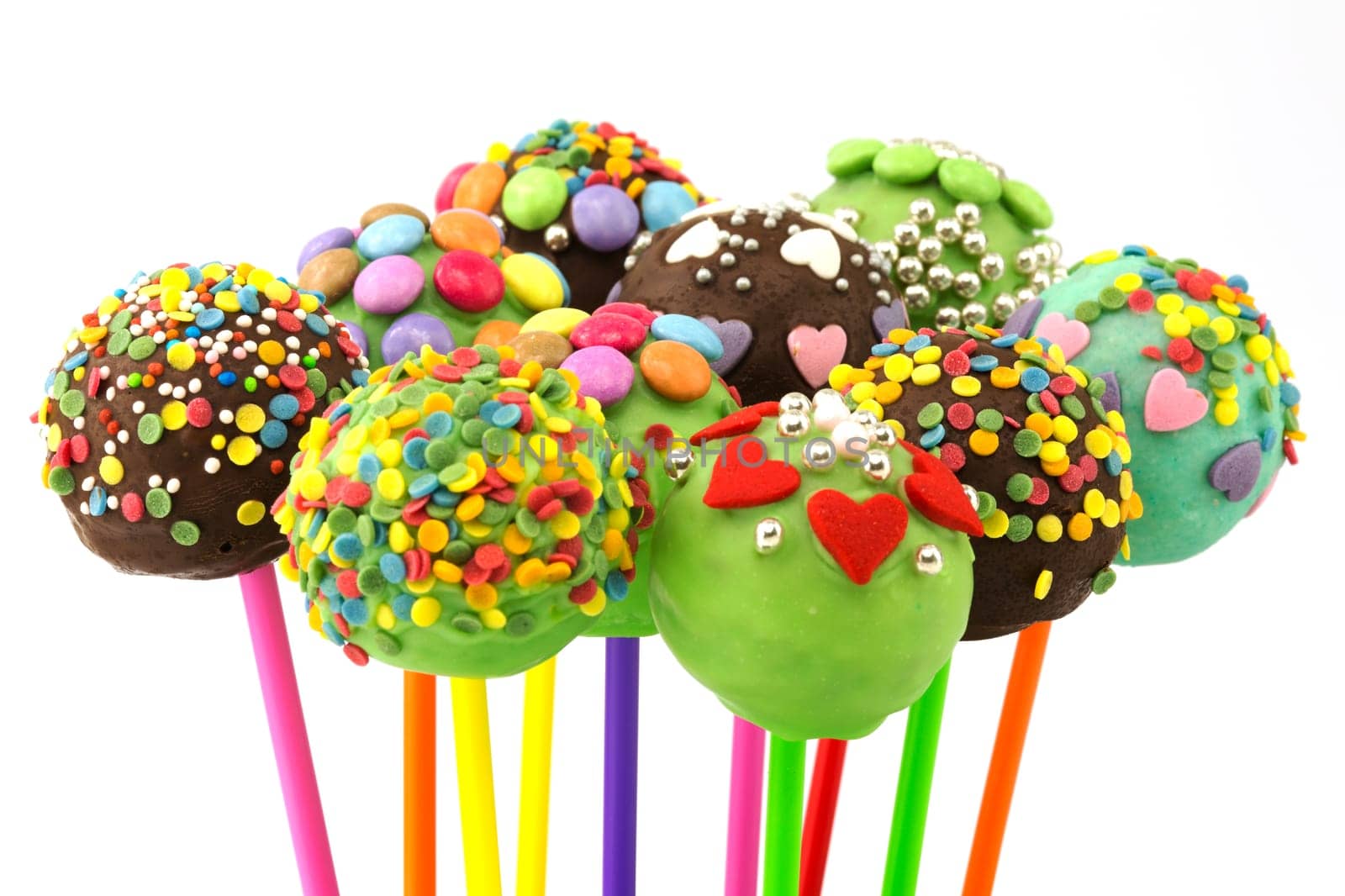Cake pop,decorated candy against a white background
