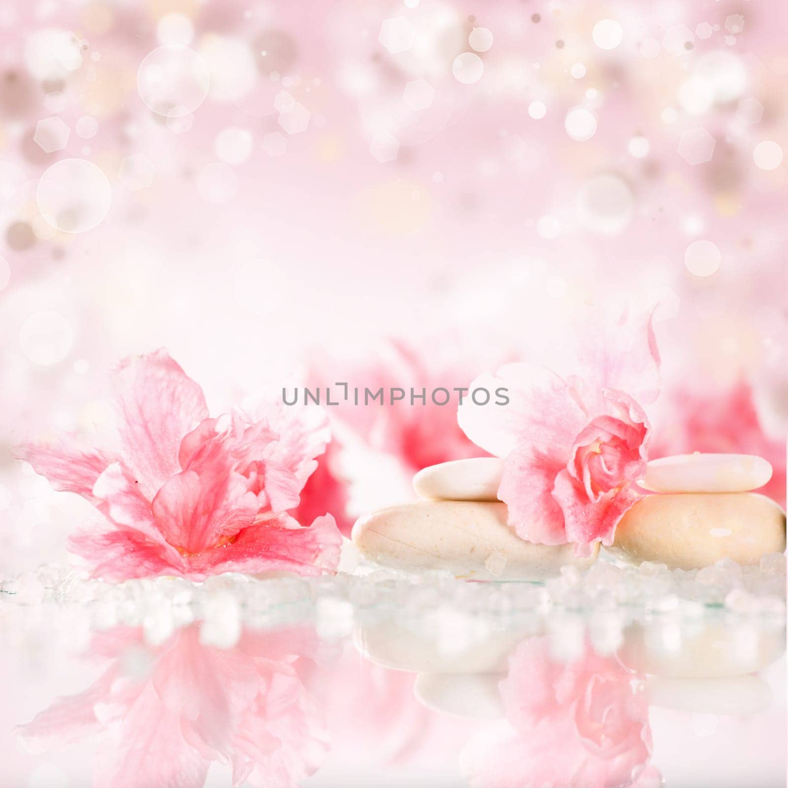 Spa stones and pink flower on abstract pink background
