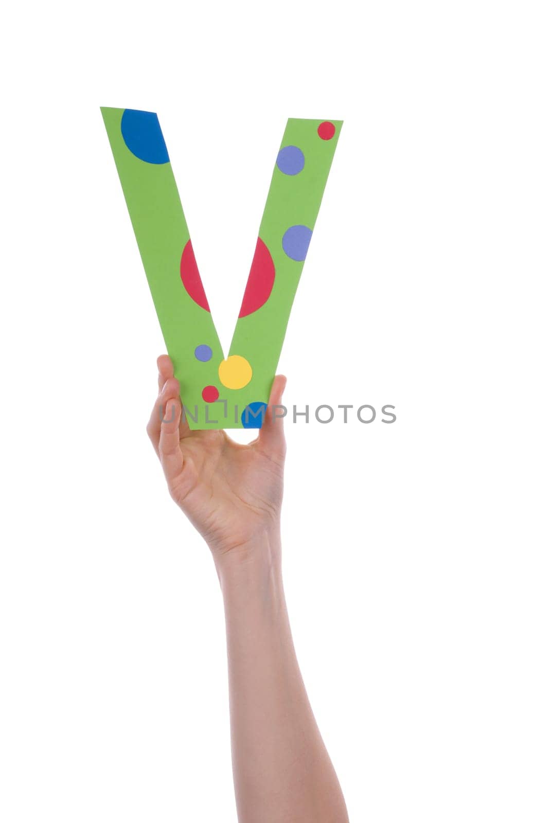 A Hand Holding a Colorful V, Isolated