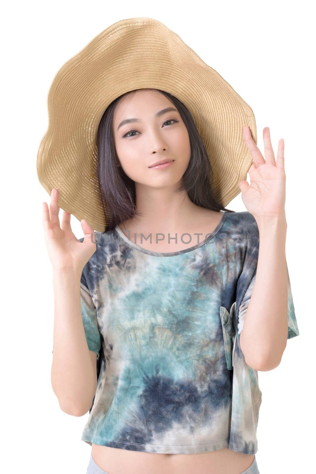 Glamour of Asian beauty with hat, closeup portrait.