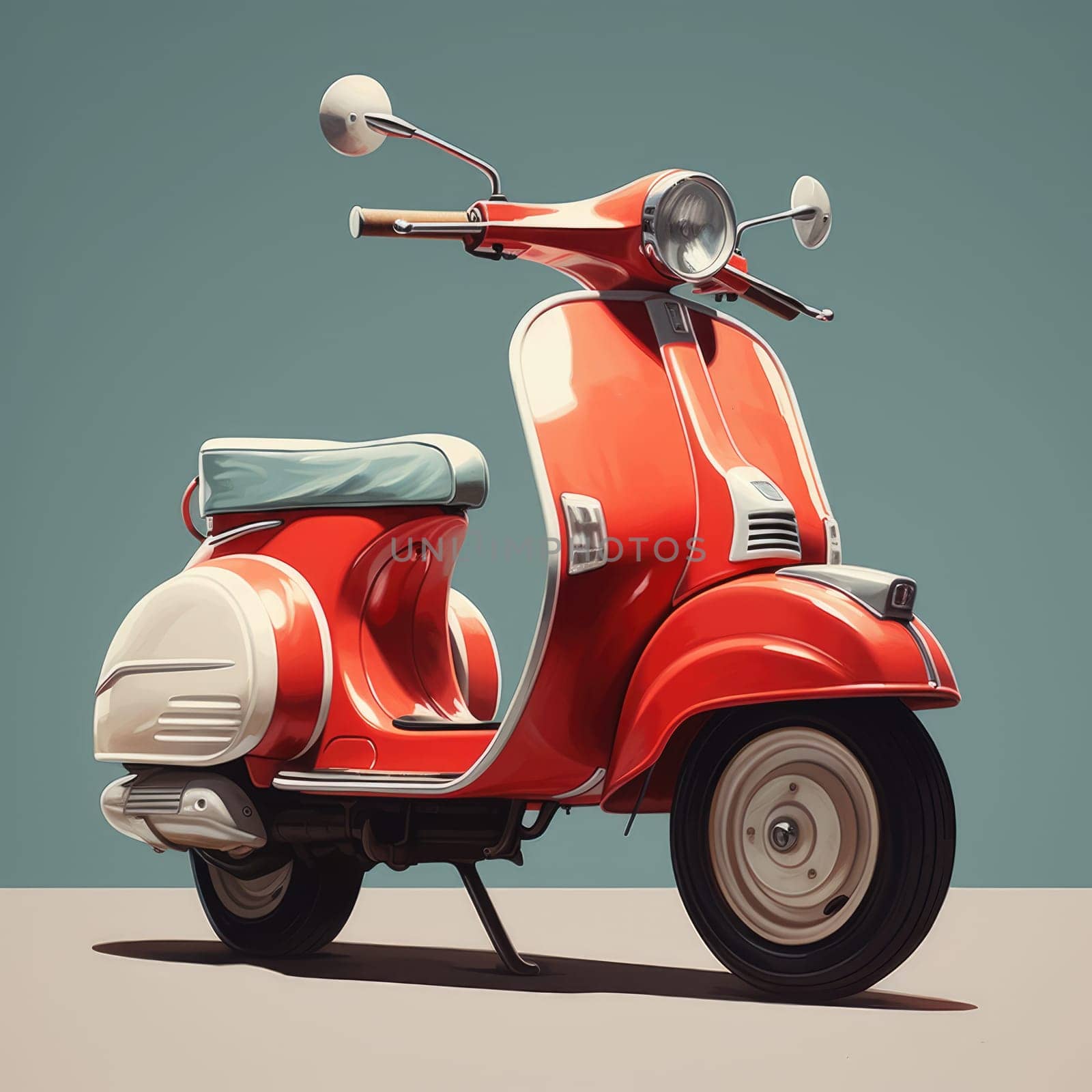 red retro scooter isolated on blue and white background, cartoon style, AI Generated