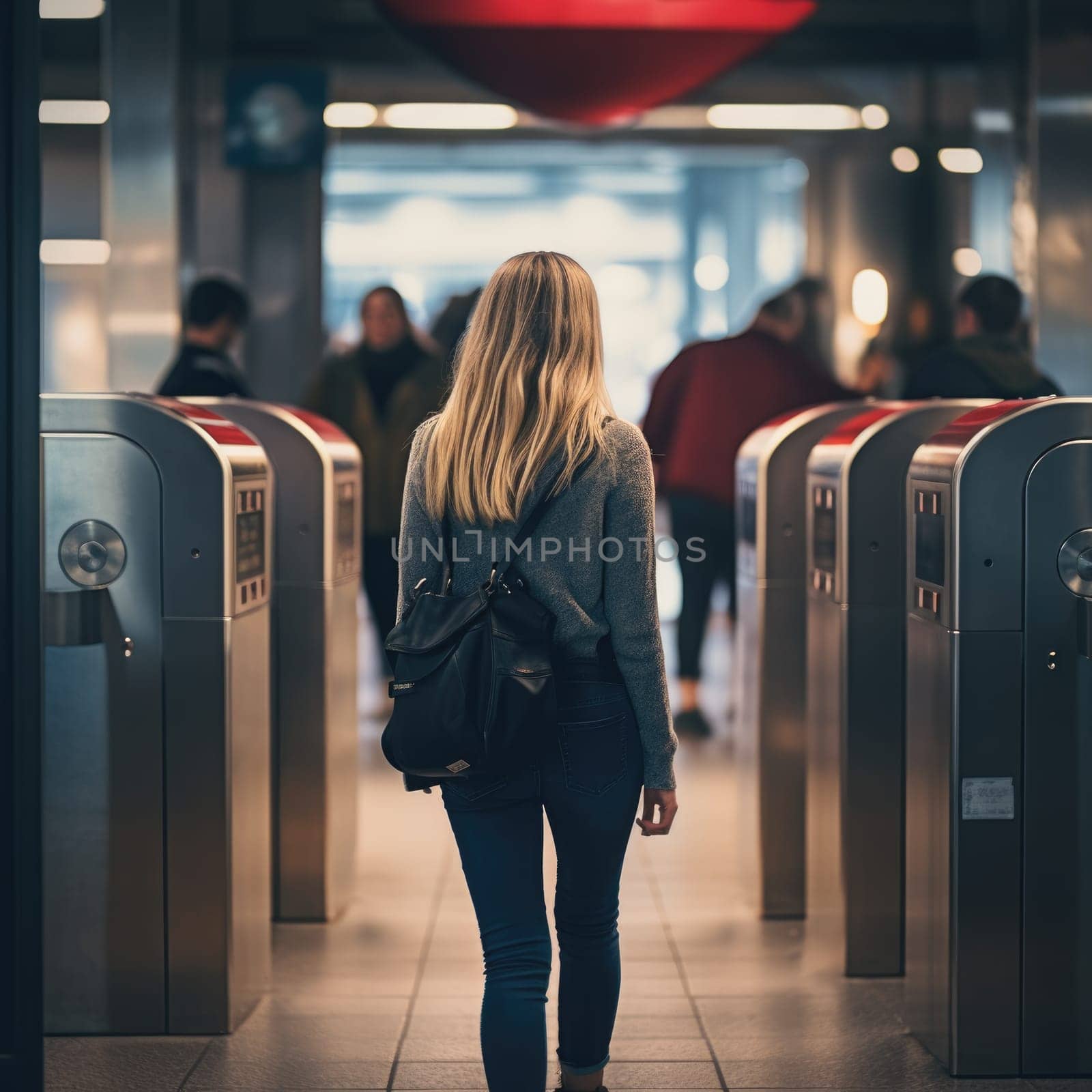 Woman hand inserting a metro ticket to enter a subway station. Metro ticket for public transport in the city. AI Generated