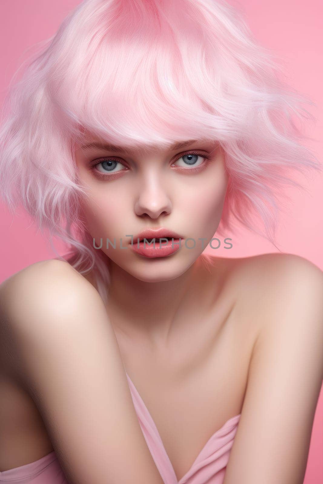 Attractive barbie style woman in pink clothes , pink pastel background, AI Generated