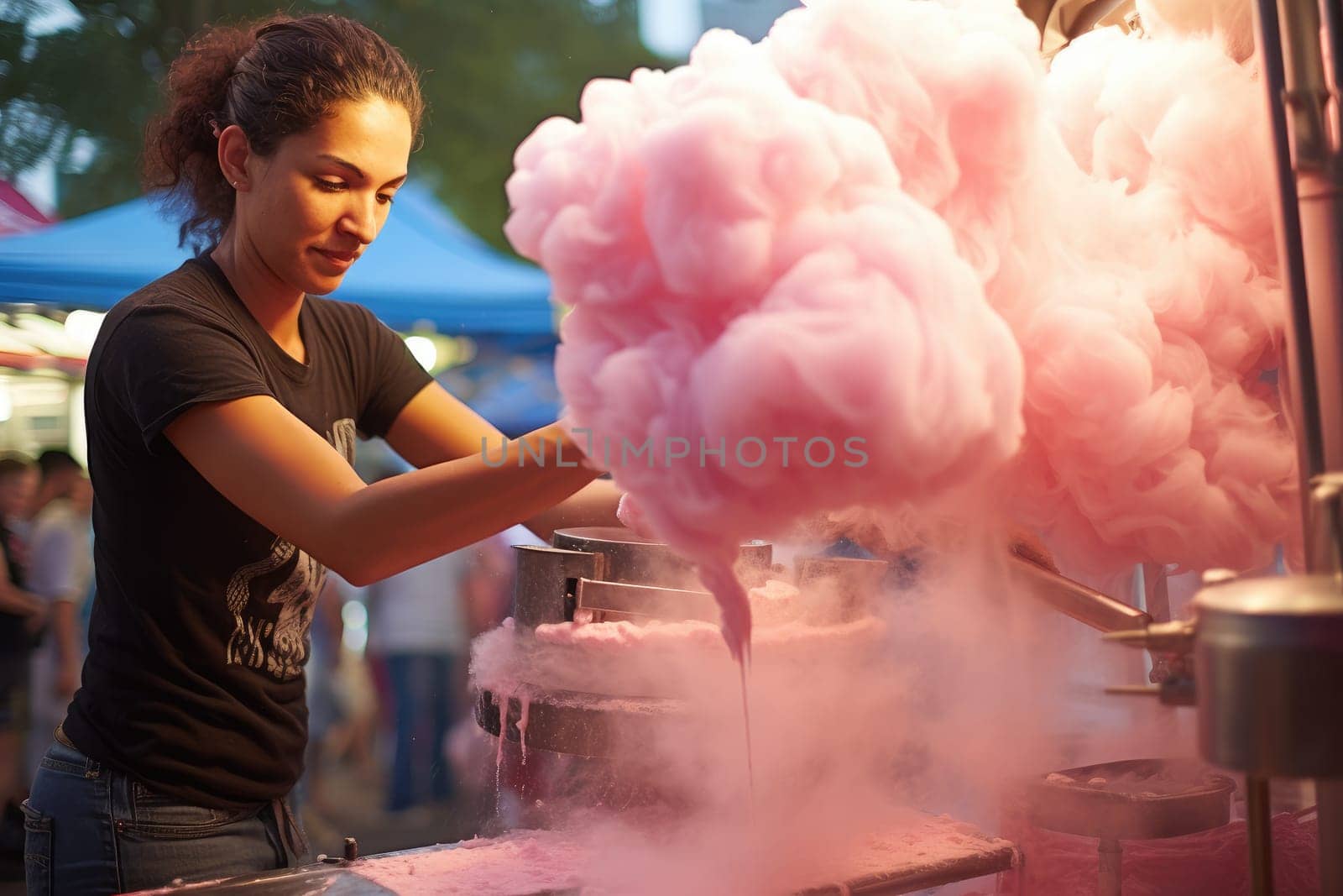 woman making Tasty pastel colored cotton candy on white background, AI Generated