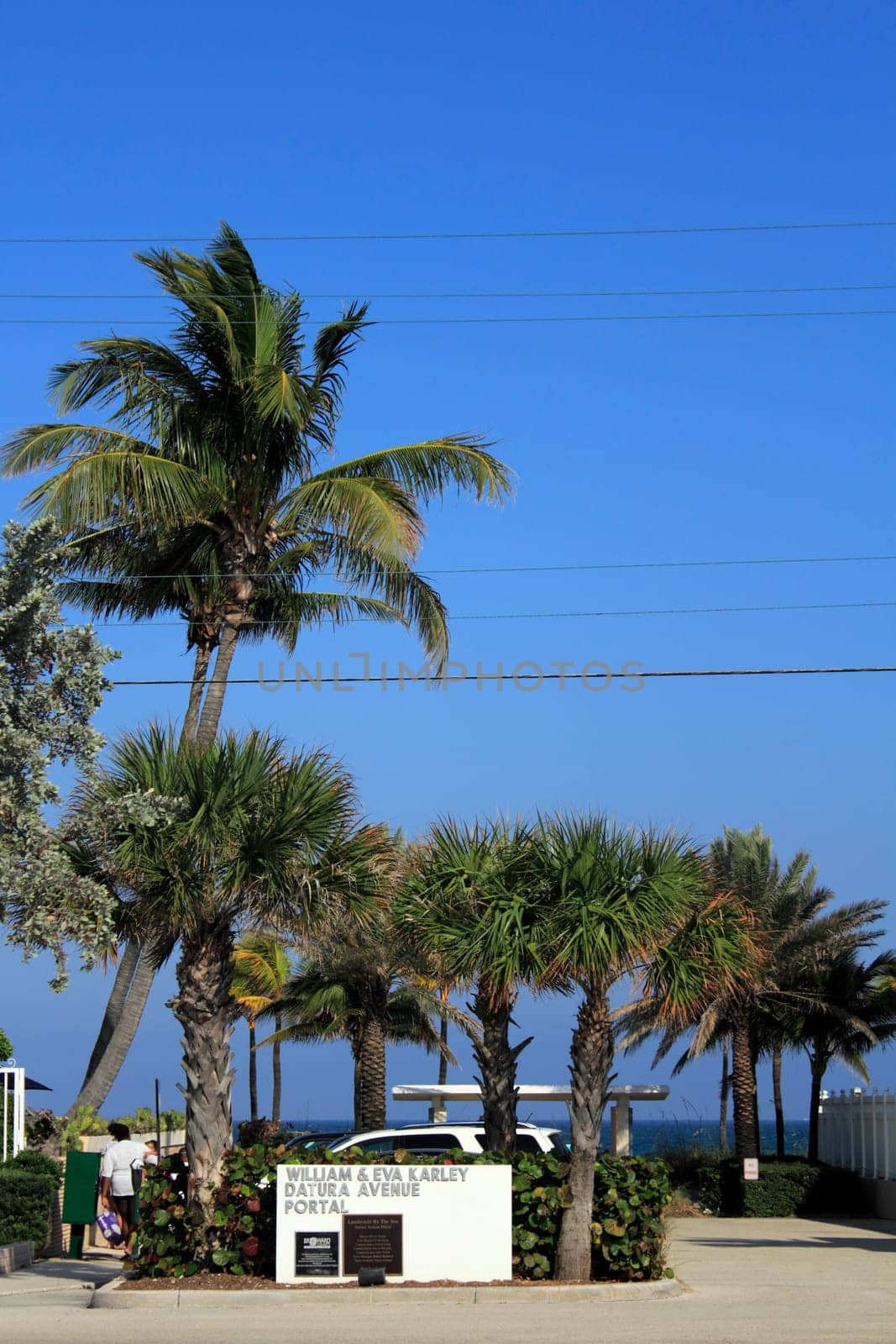 LAUDERDALE-BY-THE-SEA, FLORIDA - MARCH 23, 2013: William and Eva Karley Datura Avenue Portal seen from El Mar Drive, is one entrance to Lauderdale-By-The-Sea beach north of Fort Lauderdale.