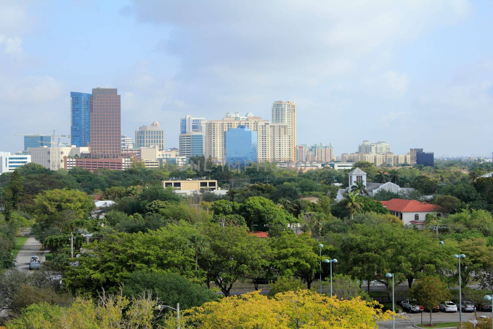 FORT LAUDERDALE, FLORIDA - MARCH 23, 2013: Modern downtown skyline seen on a slightly foggy, hazy morning past a variety of tropical trees. The population of Fort Lauderdale in 2012 was 170,747.