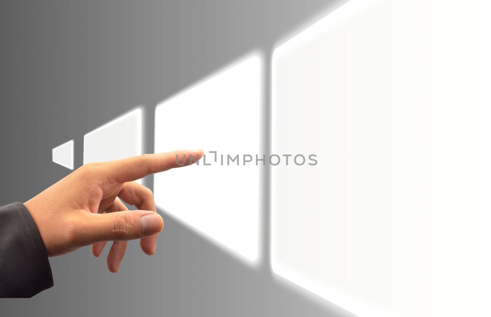 hand pushing a button on a touch screen interface