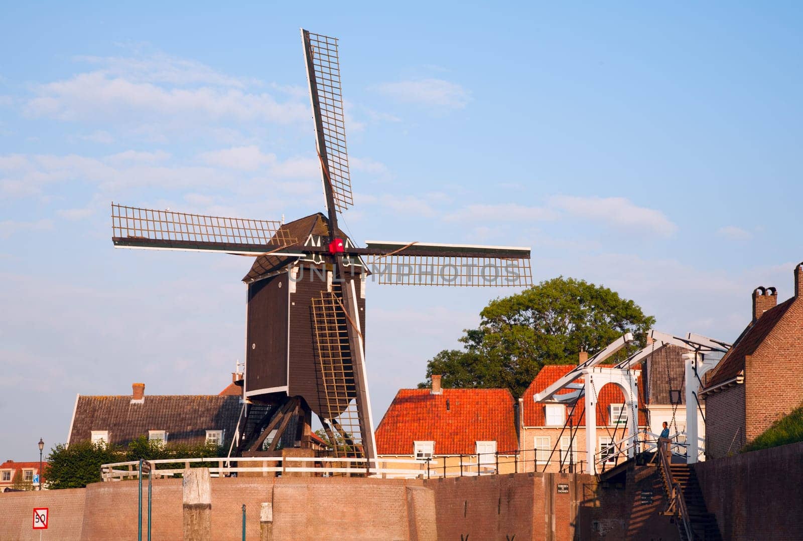 Windmill and drawbridge in Heusden  a fortified town in the Netherlands.