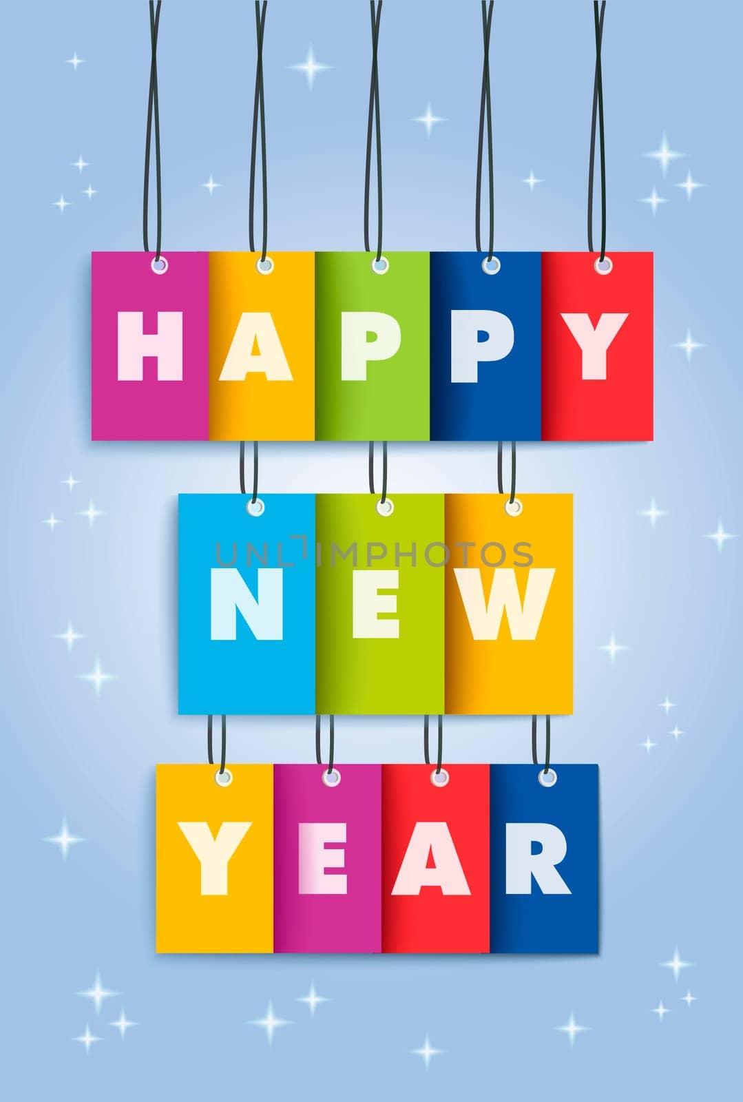 Happy new year 2014 colorful 3D hangtag greeting card illustration. EPS10 vector file with transparency layers.