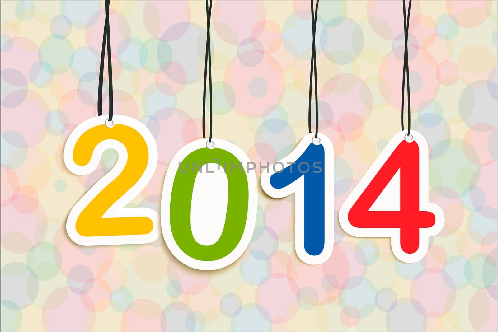 Colorful Happy new year 2014 numbers hanging greeting card illustration. EPS10 vector file with transparency layers.