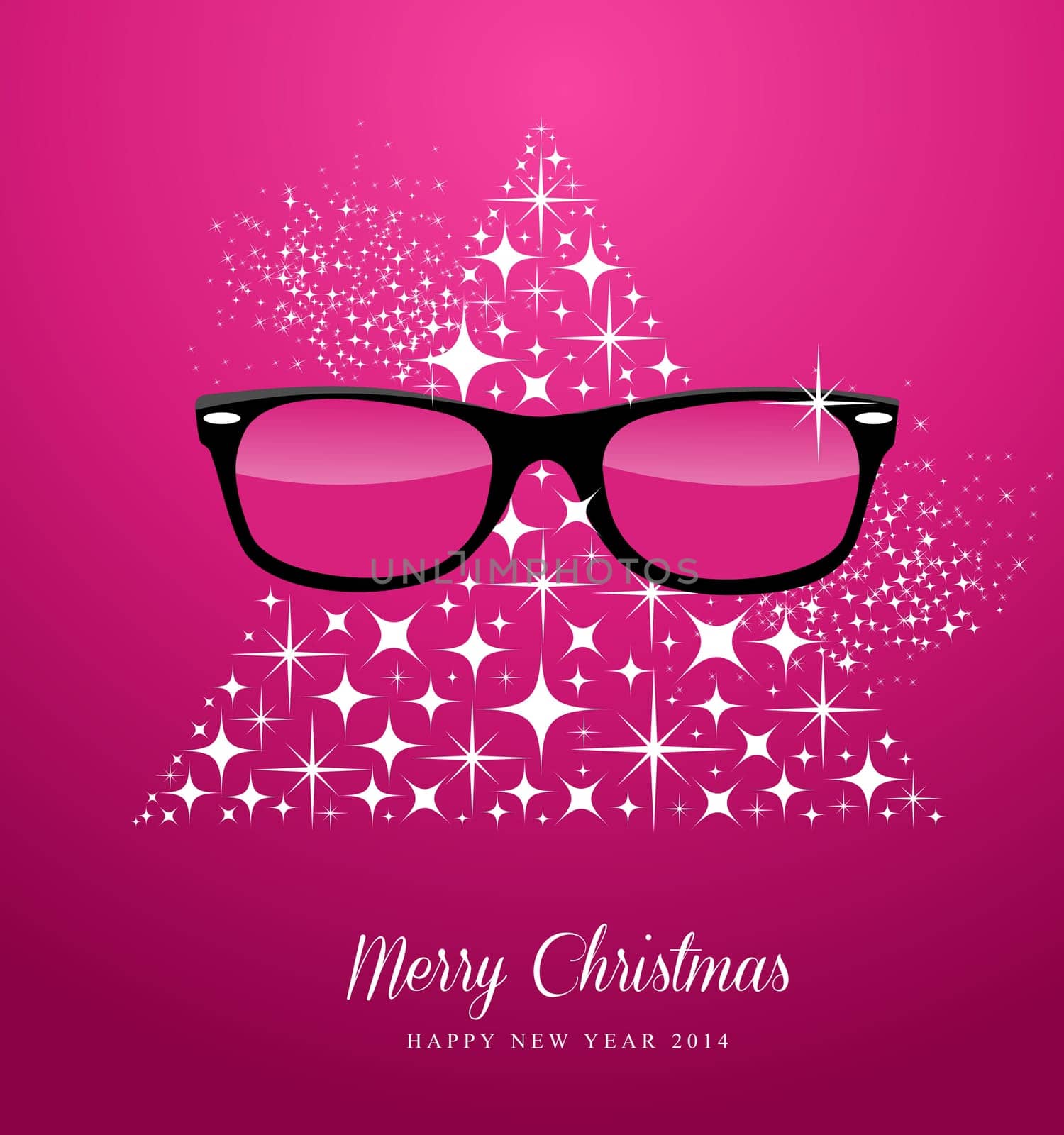 Merry Christmas and Happy New Year 2014 hipster glasses over stars tree composition card. EPS10 vector file organized in layers for easy editing.