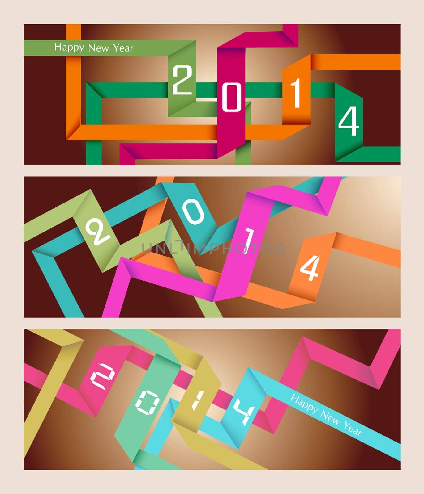 Happy new year 2014 holidays colorful ribbons banner background. EPS10 vector file with transparency layers.