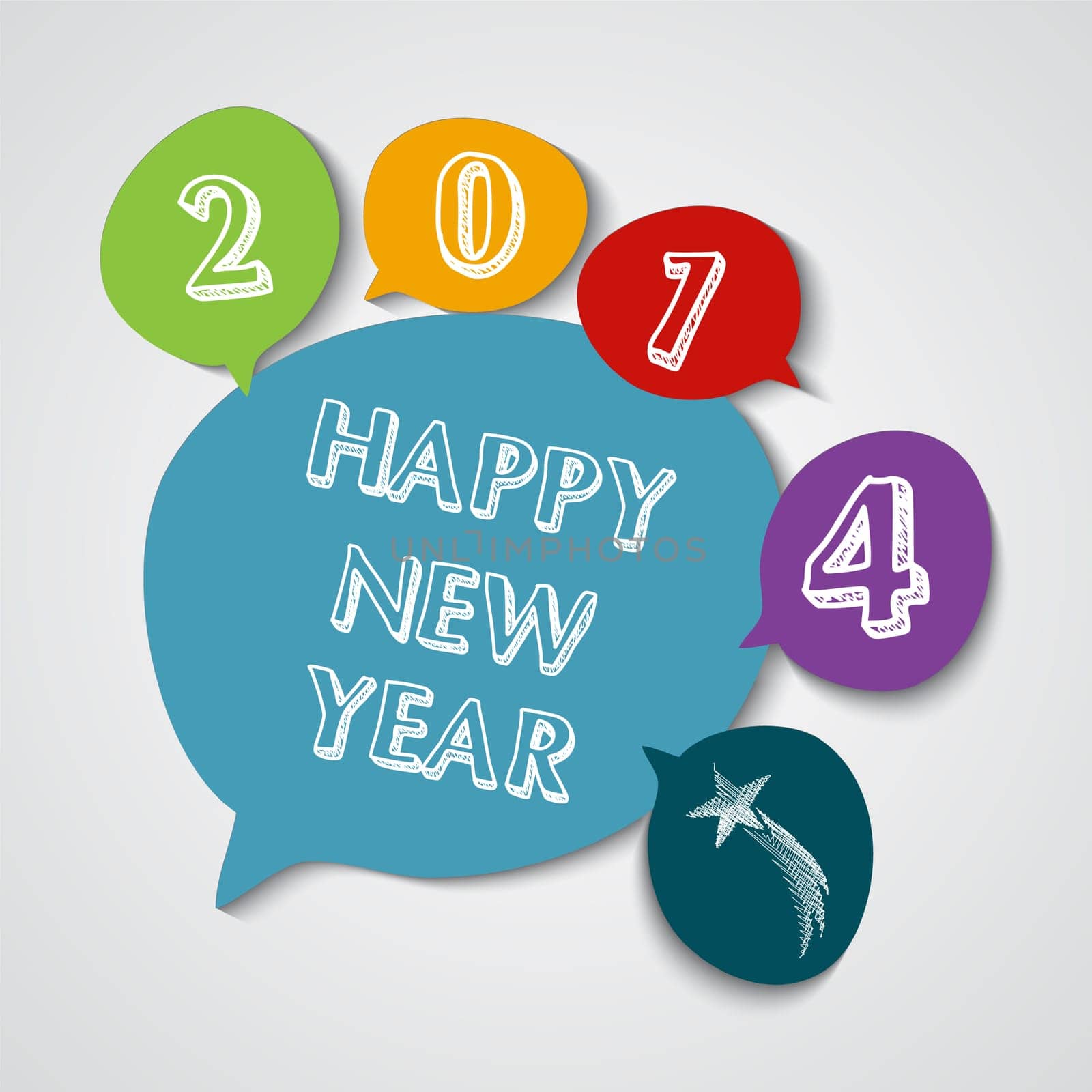 Happy new year 2014 social media bubble colors greeting card illustration. EPS10 vector file with transparency layers.