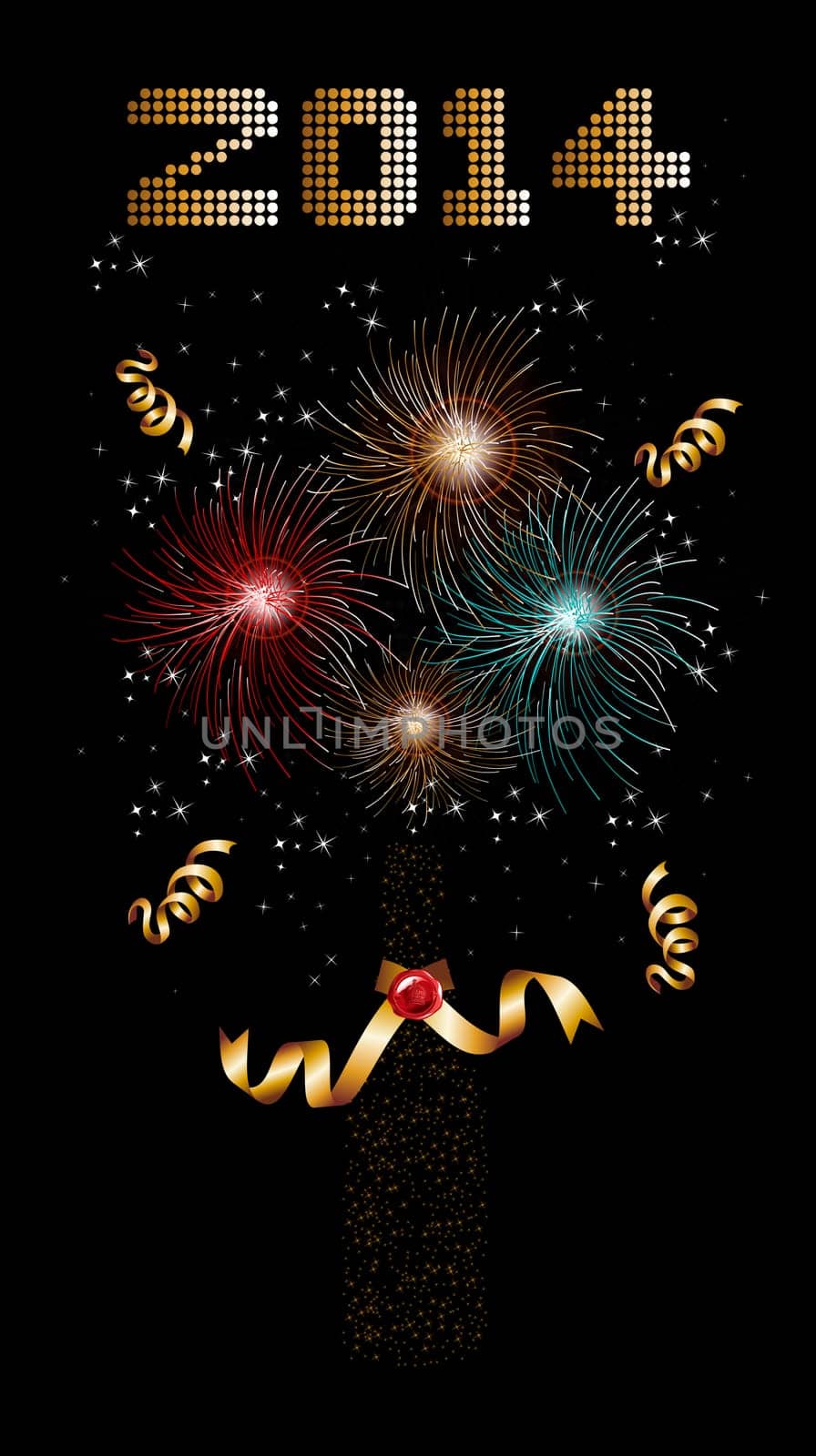 Happy new year 2014 holidays champagne bottle with fireworks sparkles greeting card background. EPS10 illustration organized in layers for easy editing.