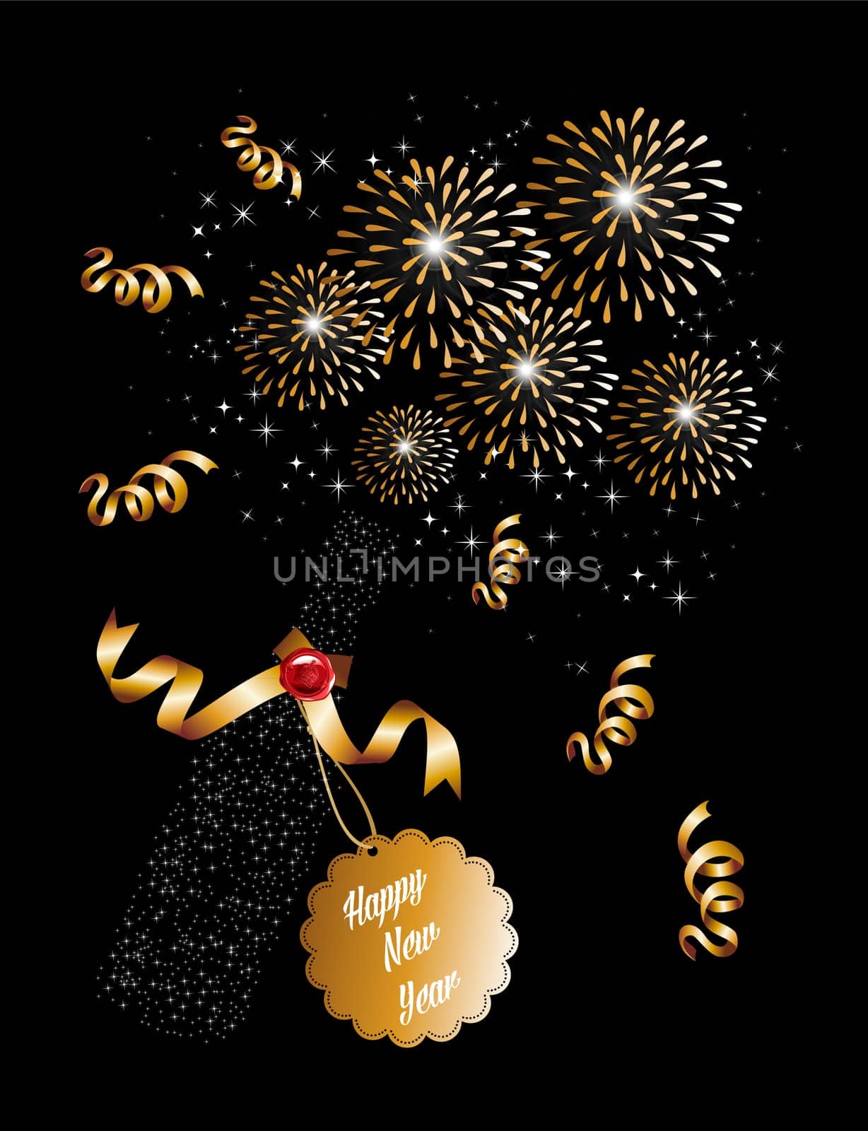 Happy new year 2014 holidays champagne bottle with fireworks sparkles greeting card background. EPS10 illustration organized in layers for easy editing.